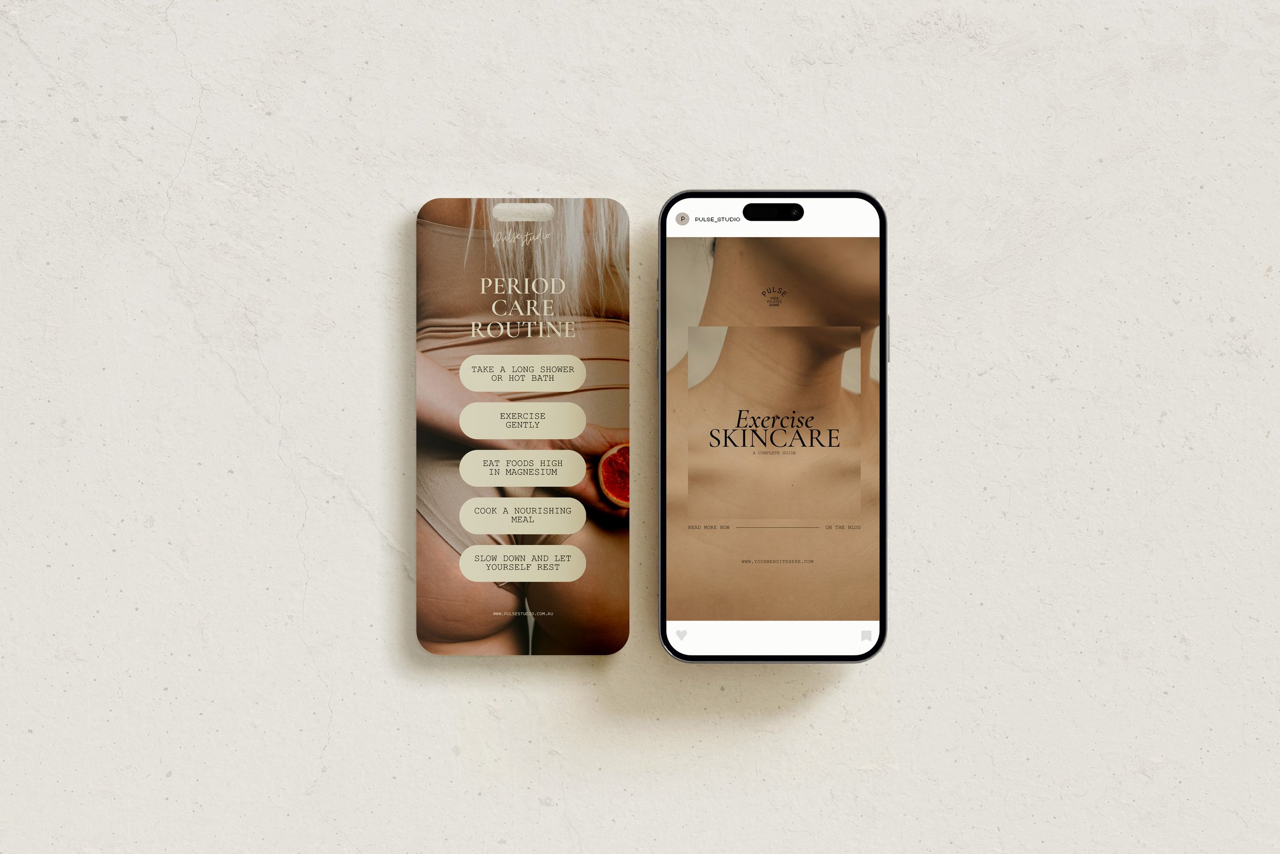 Two smartphones display health and skincare tips on a beige textured surface.