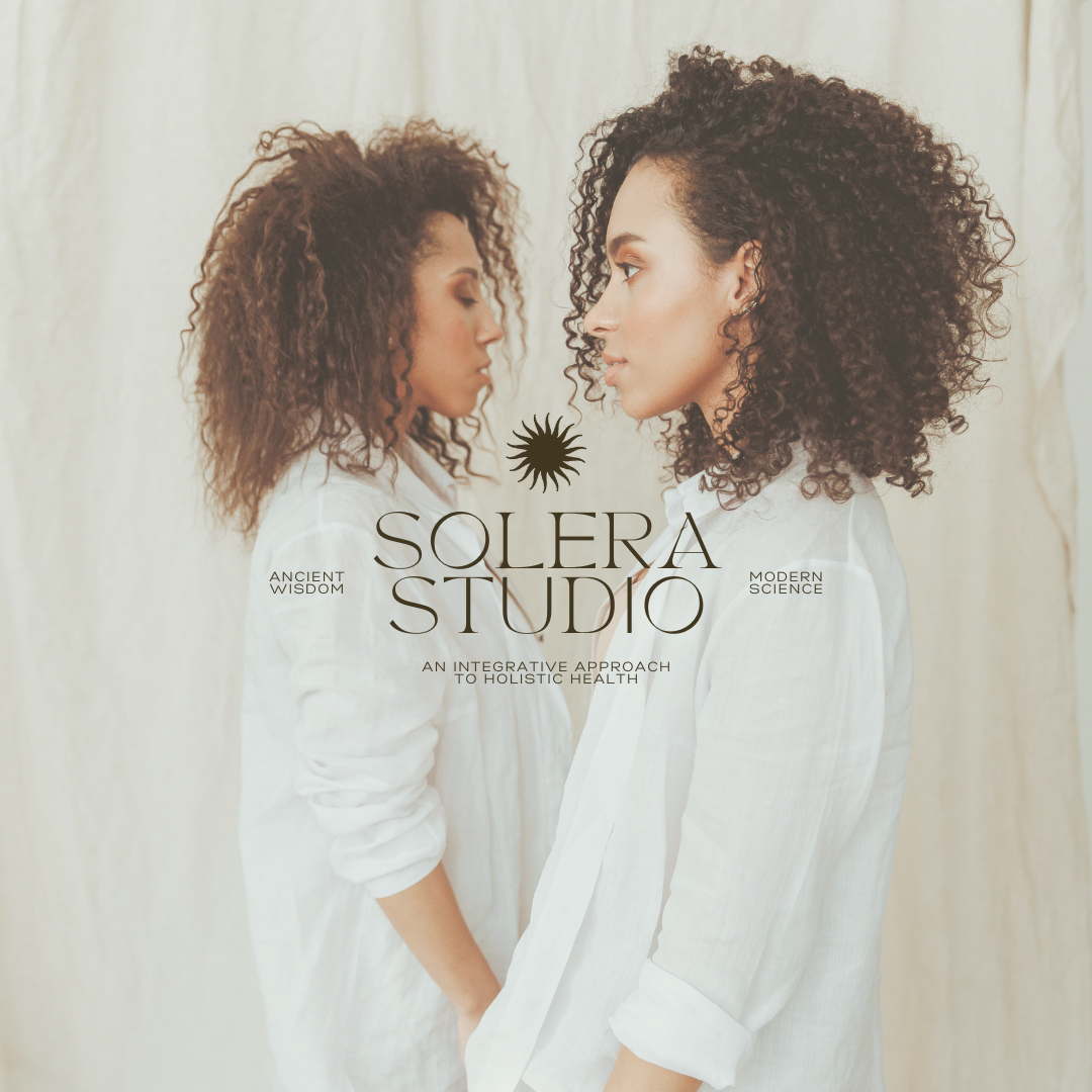 Two women with curly hair facing each other, both wearing white shirts, with text overlay promoting Solera Studio, a holistic health practice that combines ancient wisdom and modern science.