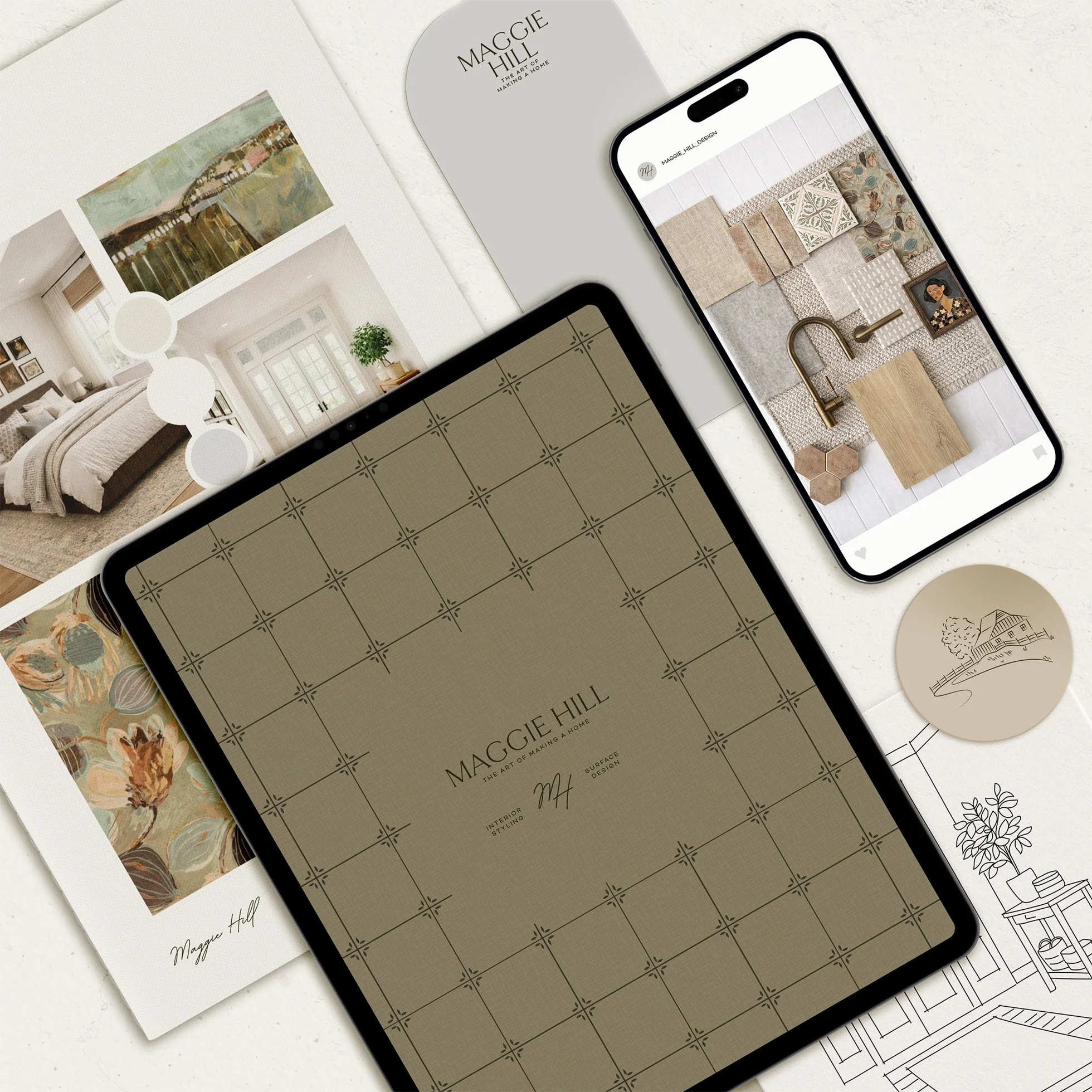 Multiple design boards for interior and furniture projects, including fabric samples, color palettes, and sketches, displayed on a white surface.