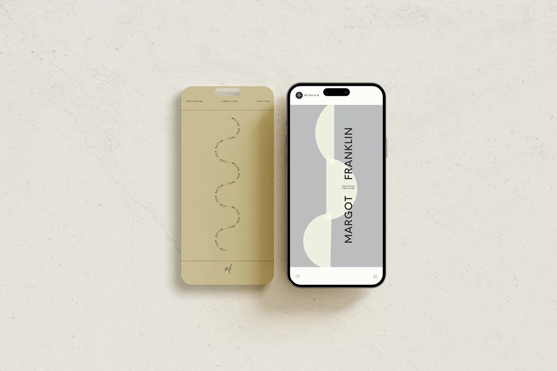 A smartphone displaying a coaching business page next to a beige card with a zigzag pattern and the words "Find your rhythm" written in a spiral.