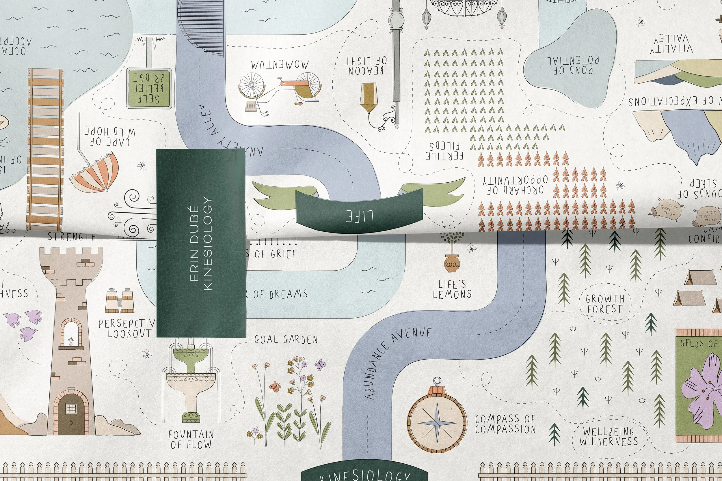 A detailed illustrated map featuring paths, gardens, waterfalls, and various nature-themed areas with labels such as 'Aquarium Valley,' 'Fertile Fields,' 'Growth Forest,' and 'Wellbeing Wilderness'.