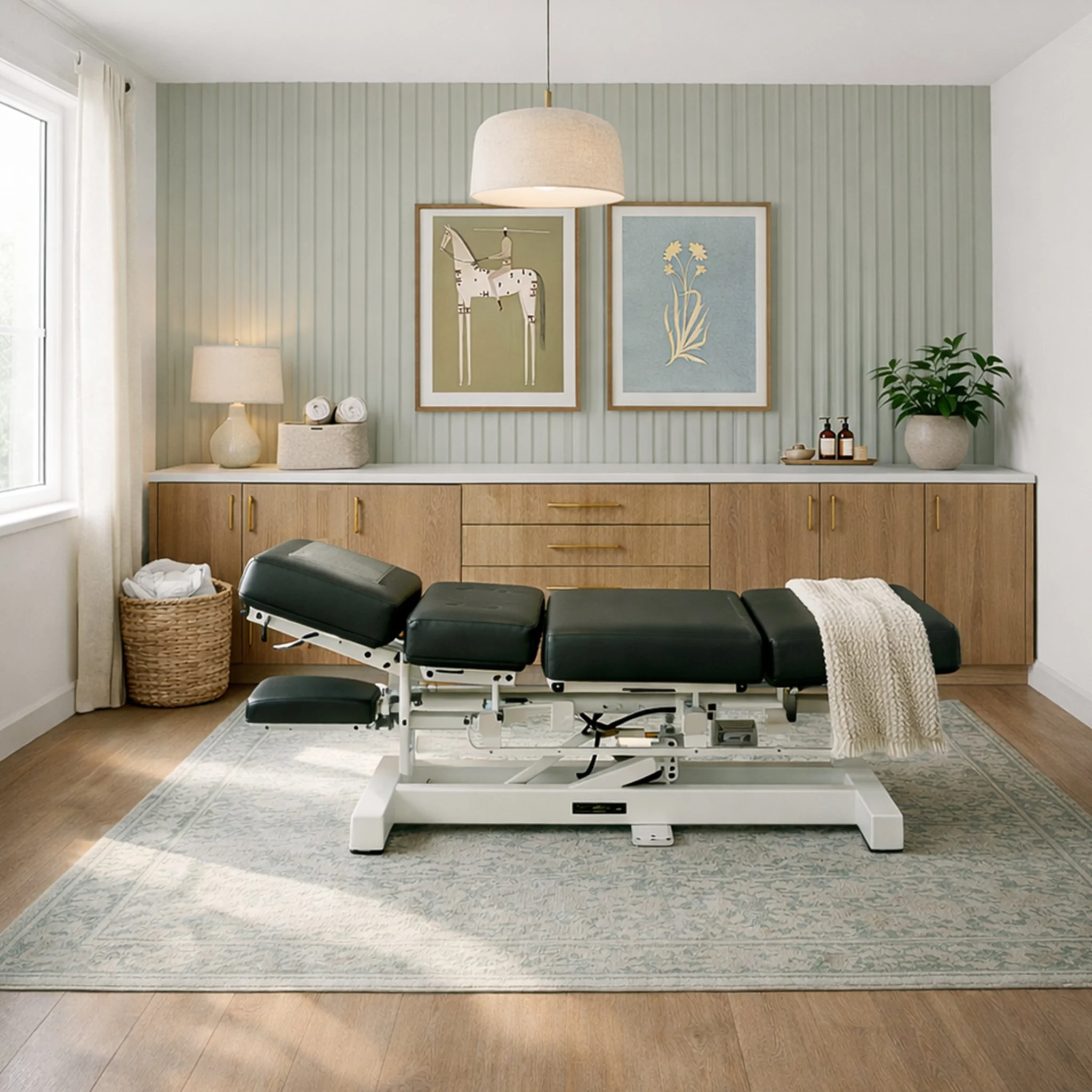 Medical examination room with a chiropractic or physiotherapy treatment table, a carpeted area, a large potted plant, framed artwork, a lamp, towels, and medical bottles.