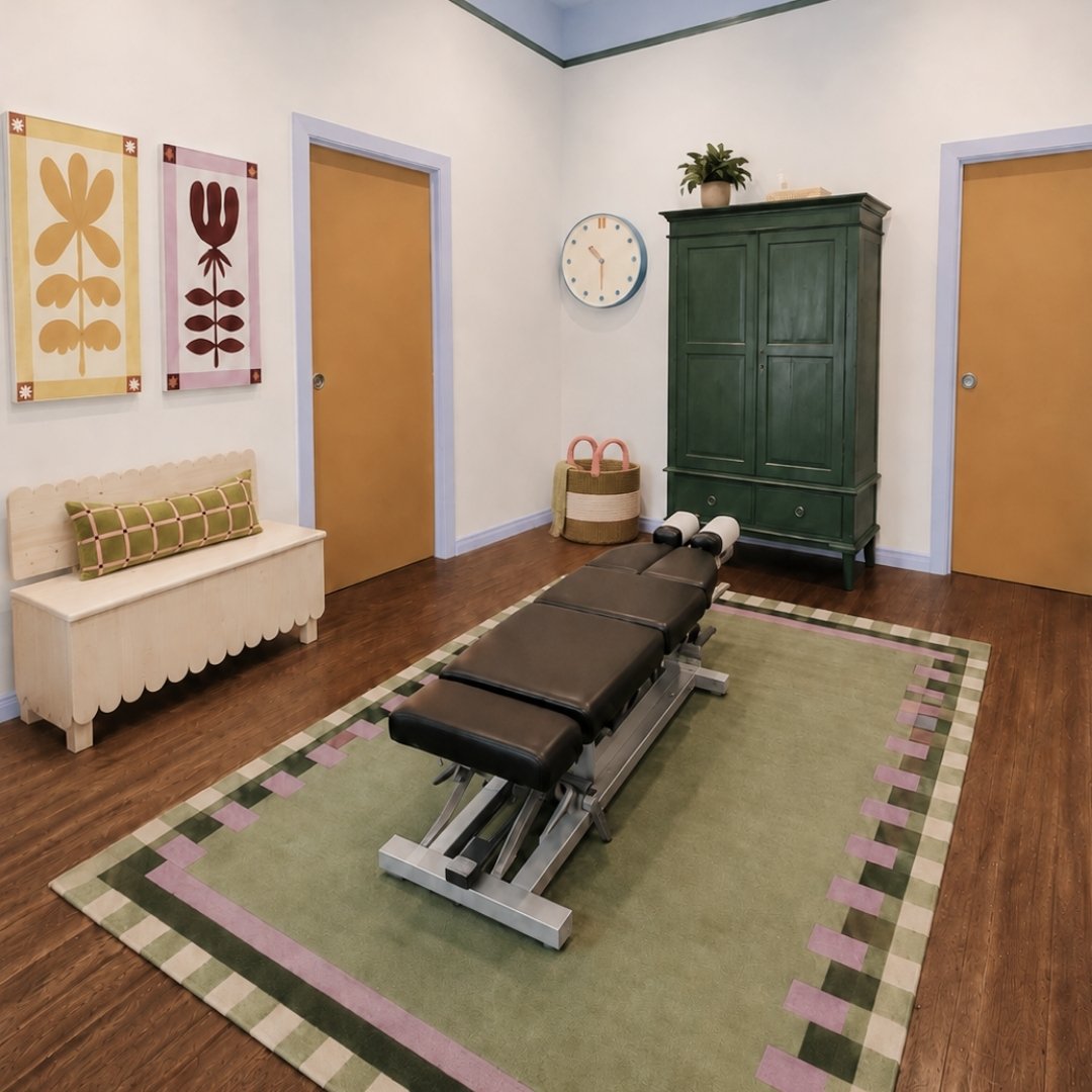 An empty therapy or massage room with a black adjustable massage table on a green rug, a green cabinet, two yellow doors, a wall clock, and wall art with floral and botanical designs.