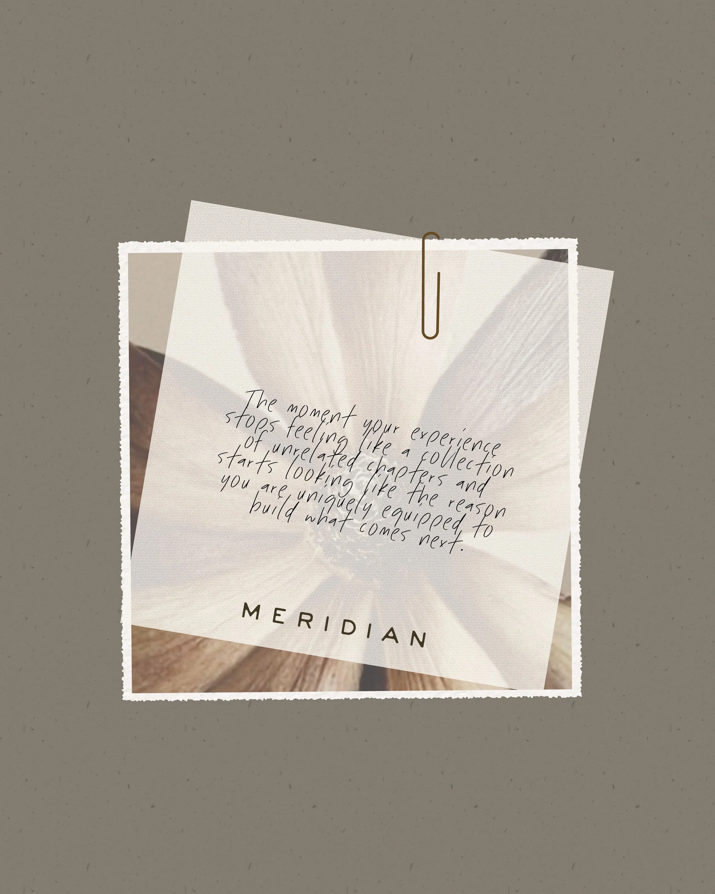 Close-up photo of a white paper with hand-written text pinned on a gray wall with a paperclip, with the word 'MERIDIAN' visible at the bottom and the rest of the text partially visible.