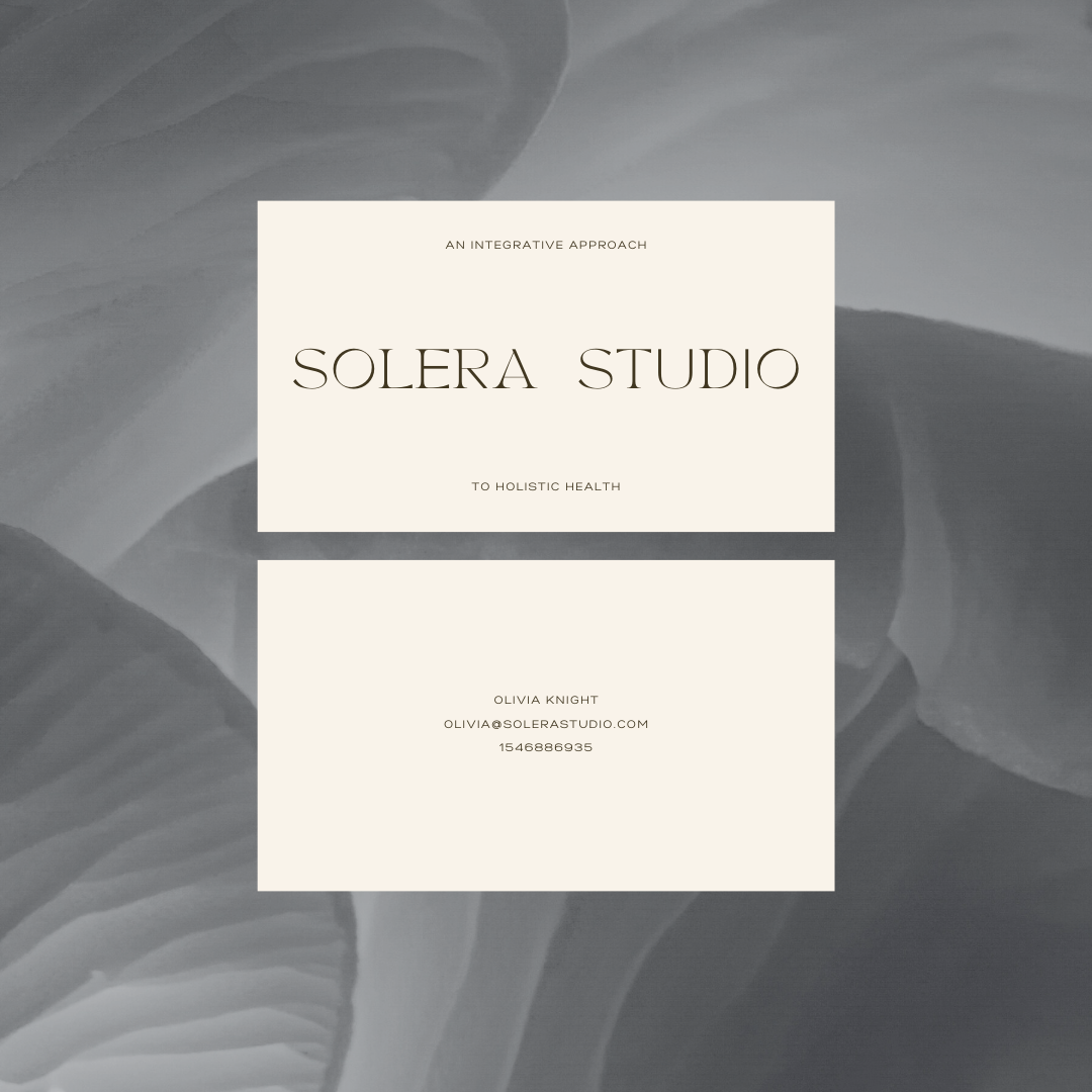 A modern business card with a beige background and black text. The card displays the name 'Solera Studio', the phrase 'An integrative approach to holistic health', and contact information for Olivia Knight, including an email and phone number. The card is set against a subtle, abstract gray background with soft, curved shapes.