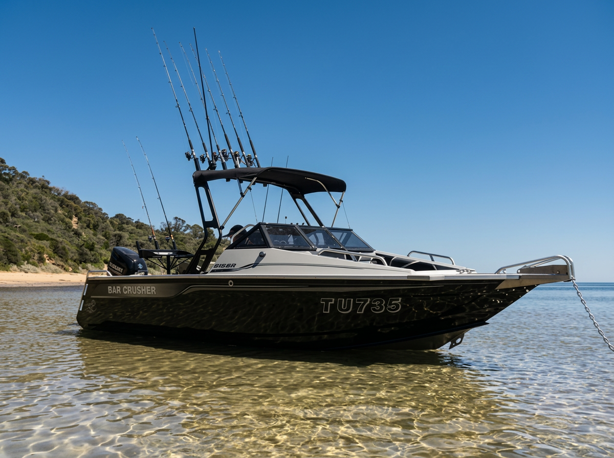 A black and white fishing boat named "Bar Crusher" with fishing rods mounted on it, anchored in shallow water near a sandy beach with greenery in the background under a clear blue sky.