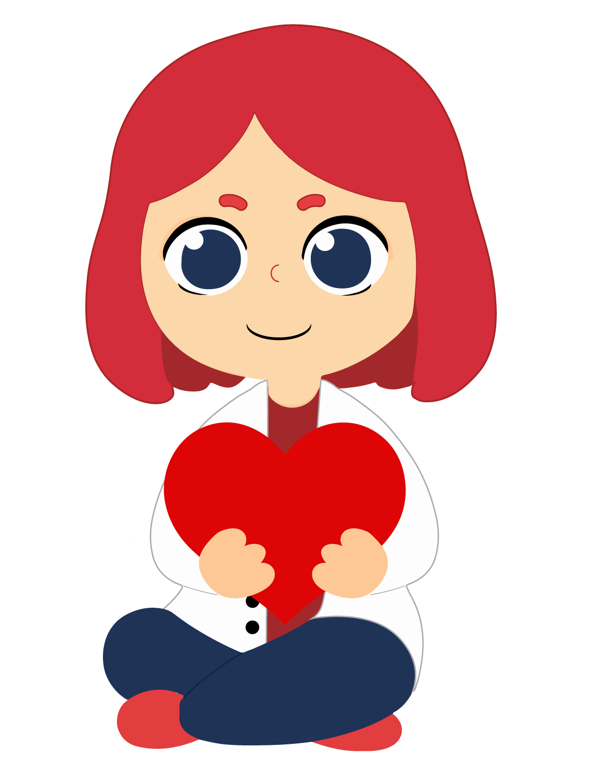 Cartoon girl with red hair holding a large red heart, sitting cross-legged, wearing a white shirt, red shoes, and navy blue pants. Yaya is her name, Florida Pharmaceutical Research and Associate mascot. Join Yaya in Clinical Trials Today.