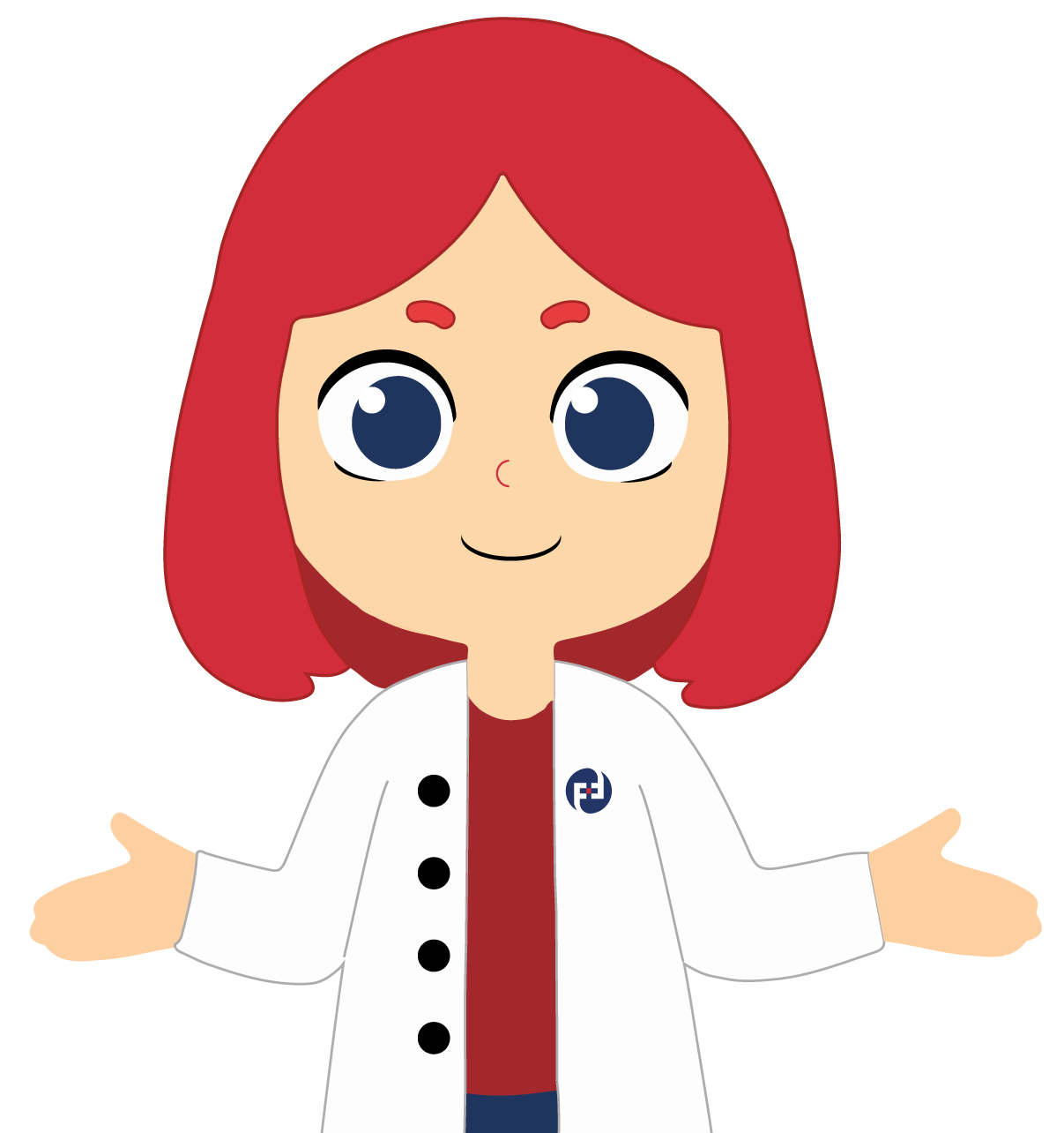 Cartoon girl with red hair, wearing white coat with black buttons and a logo, standing with arms open, smiling. Yaya is her name, Florida Pharmaceutical Research and Associate mascot. Join Yaya in Clinical Trials Today. Help her with Medical Research