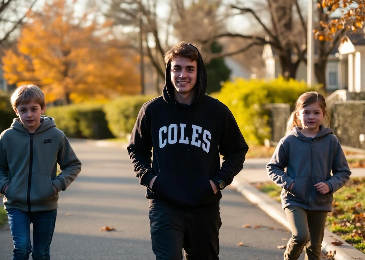 College athlete walking with two children in a neighborhood park