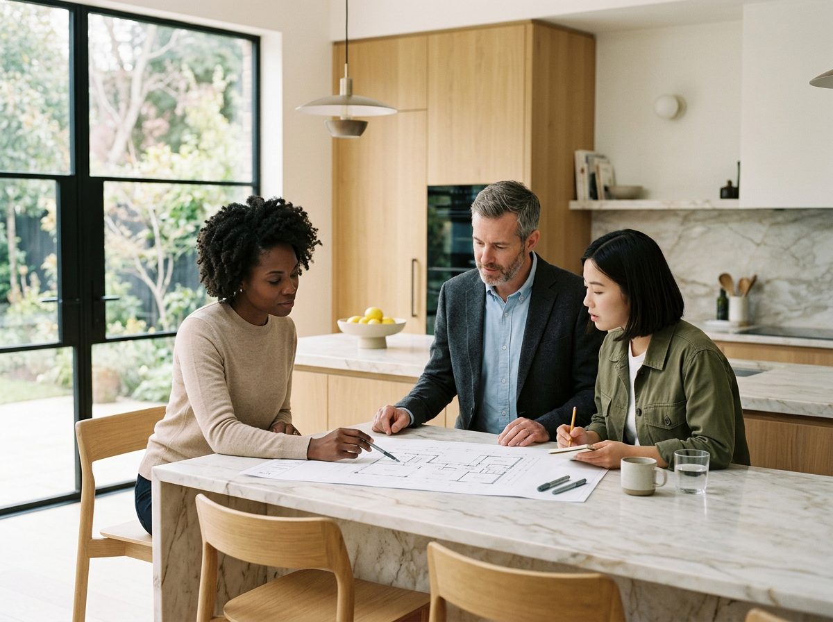 Three people, two women and a man, discussing a blueprint on a kitchen island in a modern kitchen with wooden cabinets and a large window showing greenery outside.