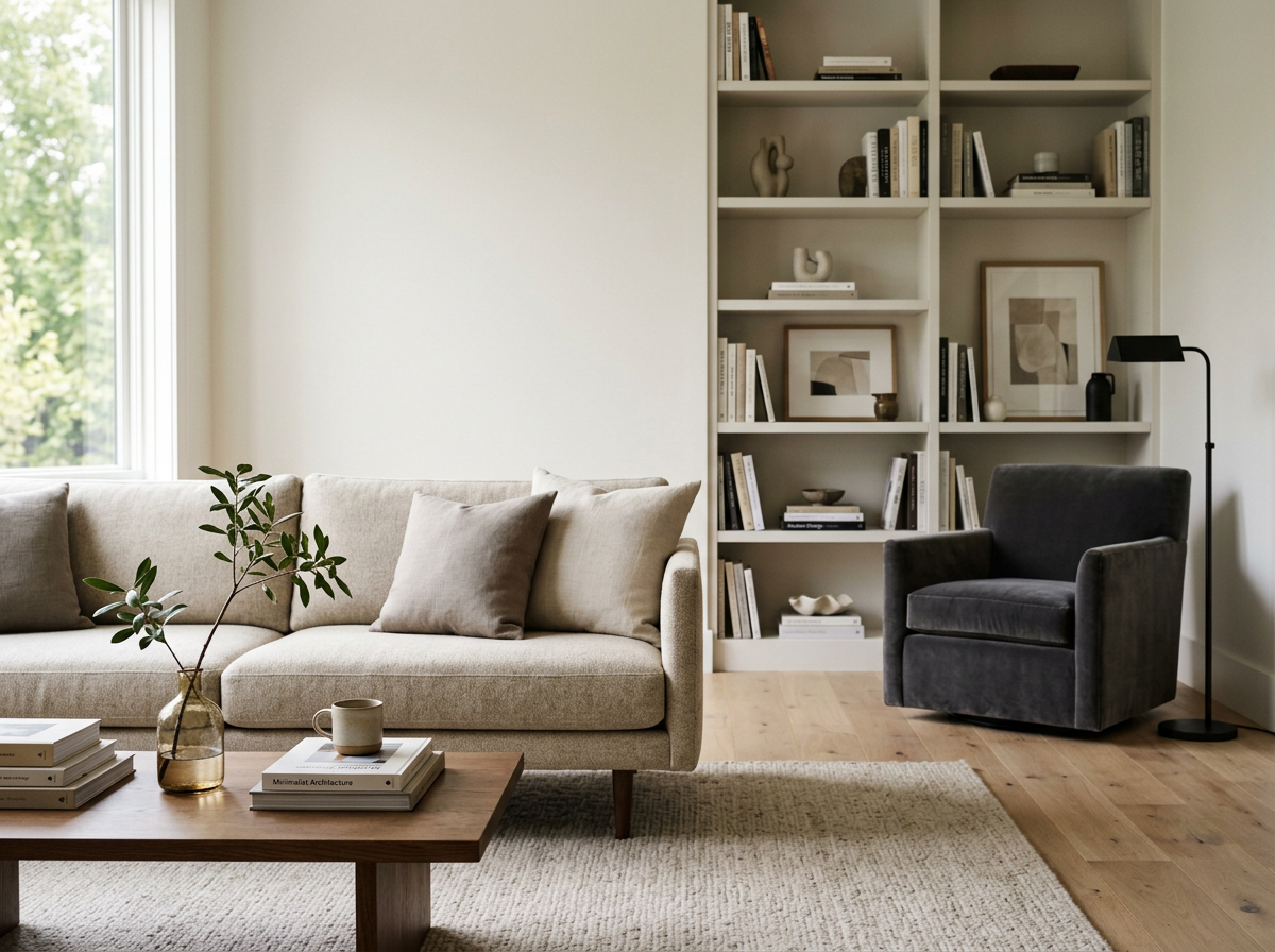 Living room with a beige sofa, a wooden coffee table with books and a mug, a grey armchair, a tall bookshelf with decorative items and books, and a large window with greenery outside.