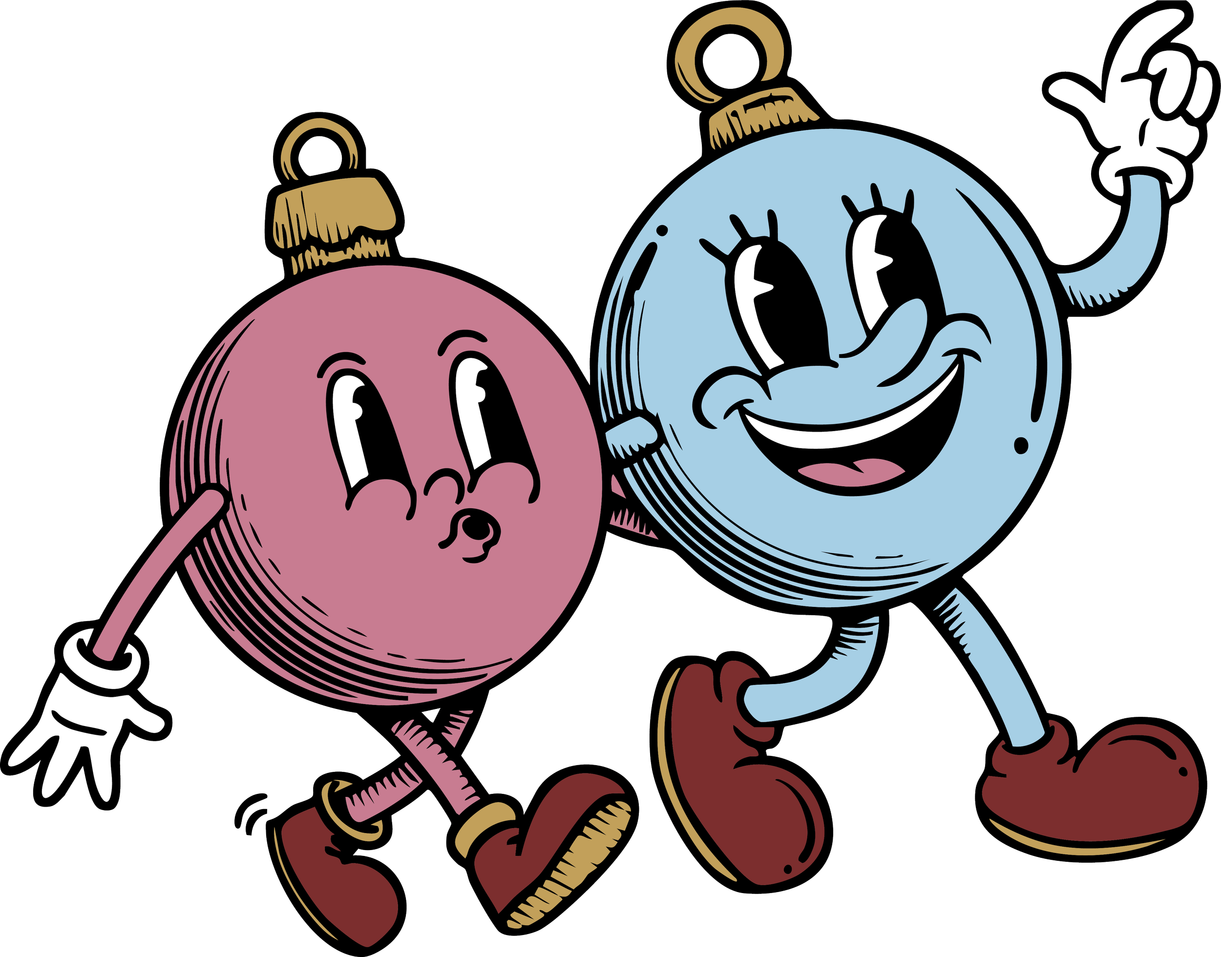 Two ornament mascots walking together