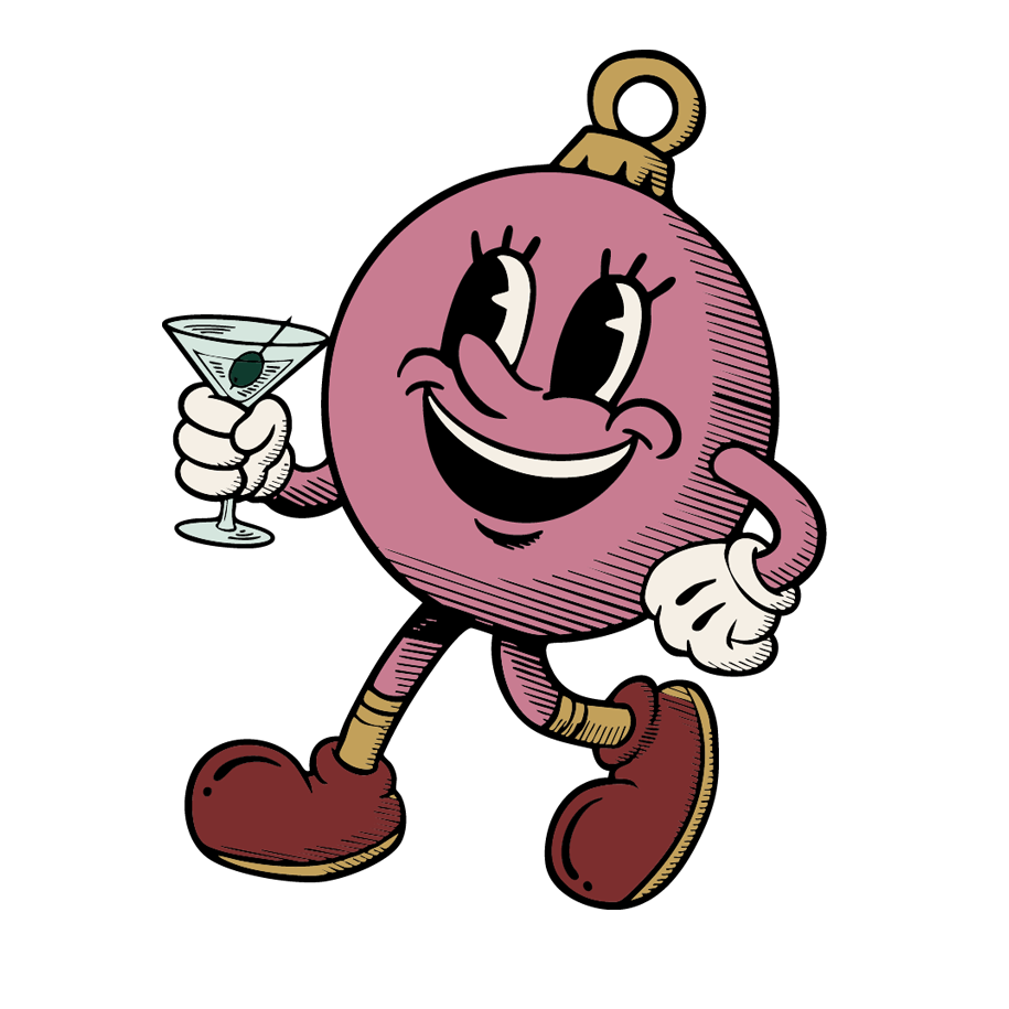 Bell Bauble mascot drinking a martini