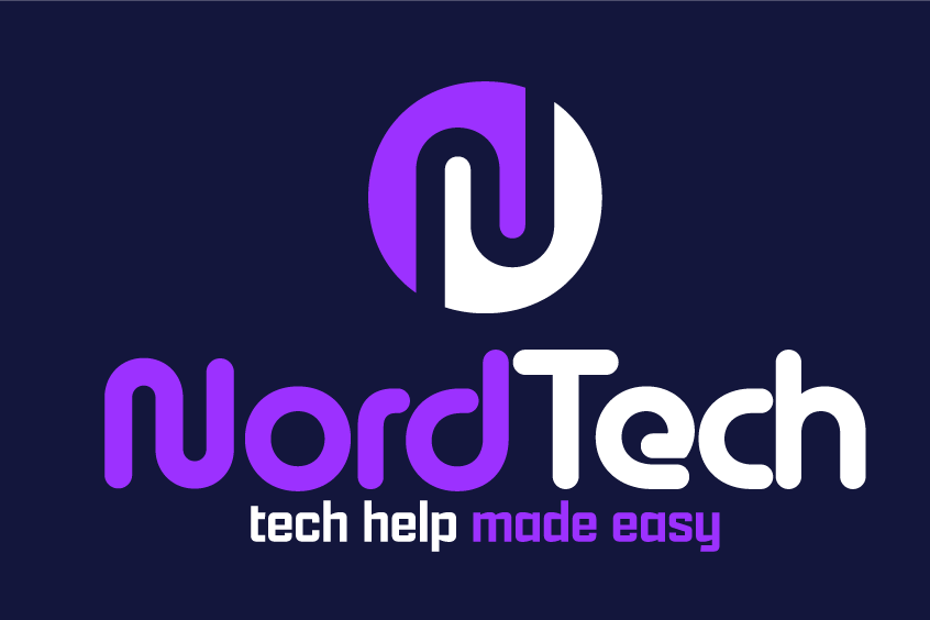 Logo of NordTech with a circular icon featuring stylized letters N and T, and the text "NordTech" below, accompanied by the tagline "tech help made easy".