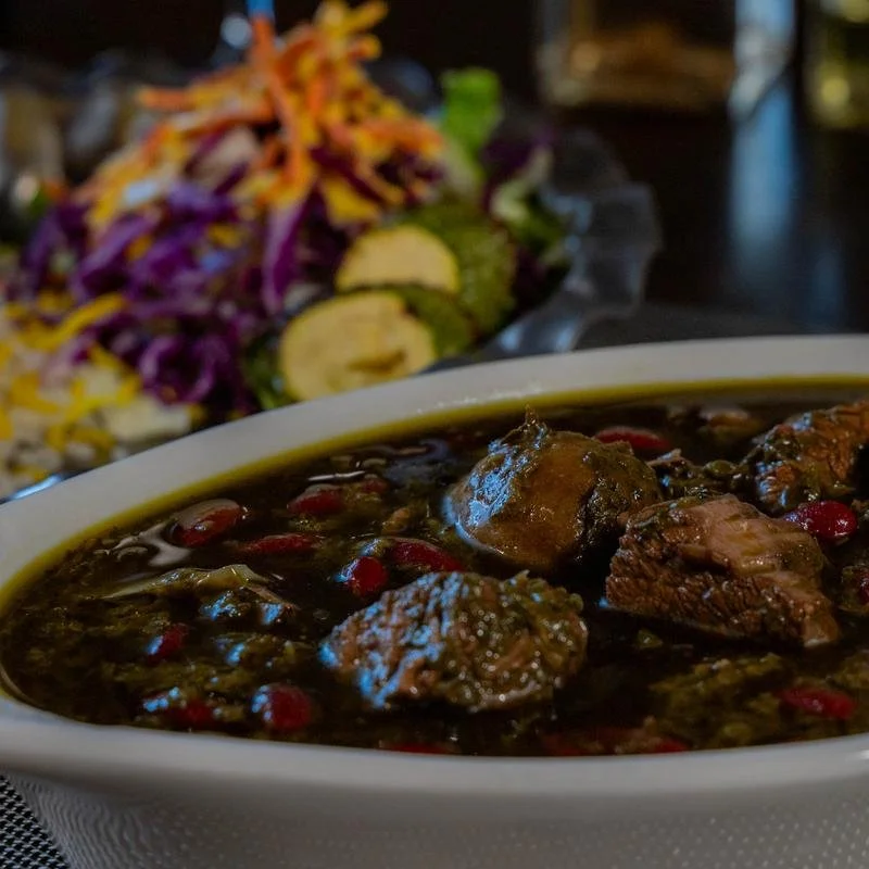 Traditional Persian stew served with rice and fresh salad at Shiraz Persian Cuisine.