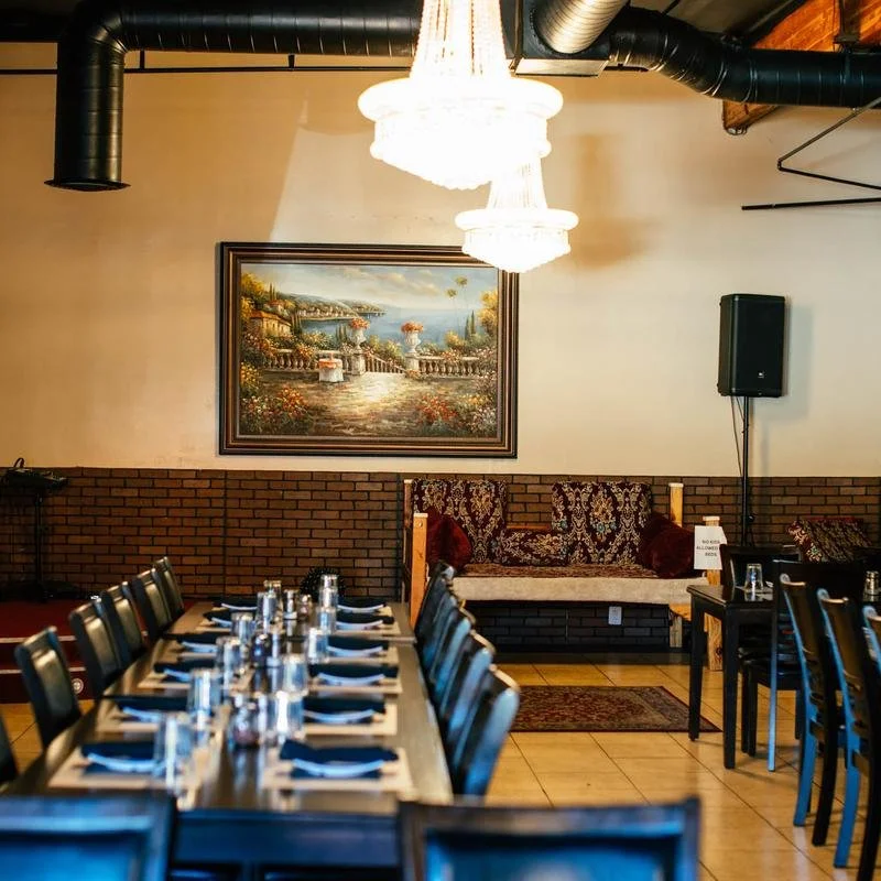 Dining room at Shiraz Persian Cuisine in Rancho Bernardo, San Diego, set for guests.