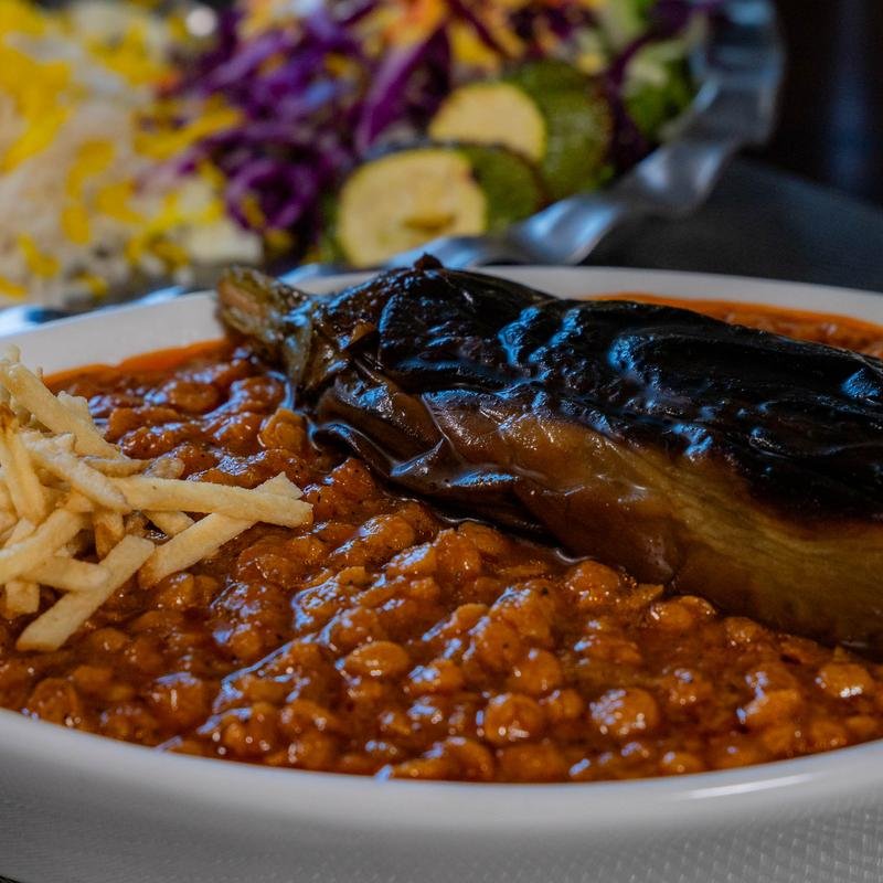Traditional Persian eggplant and lentil dish served at Shiraz Persian Cuisine.