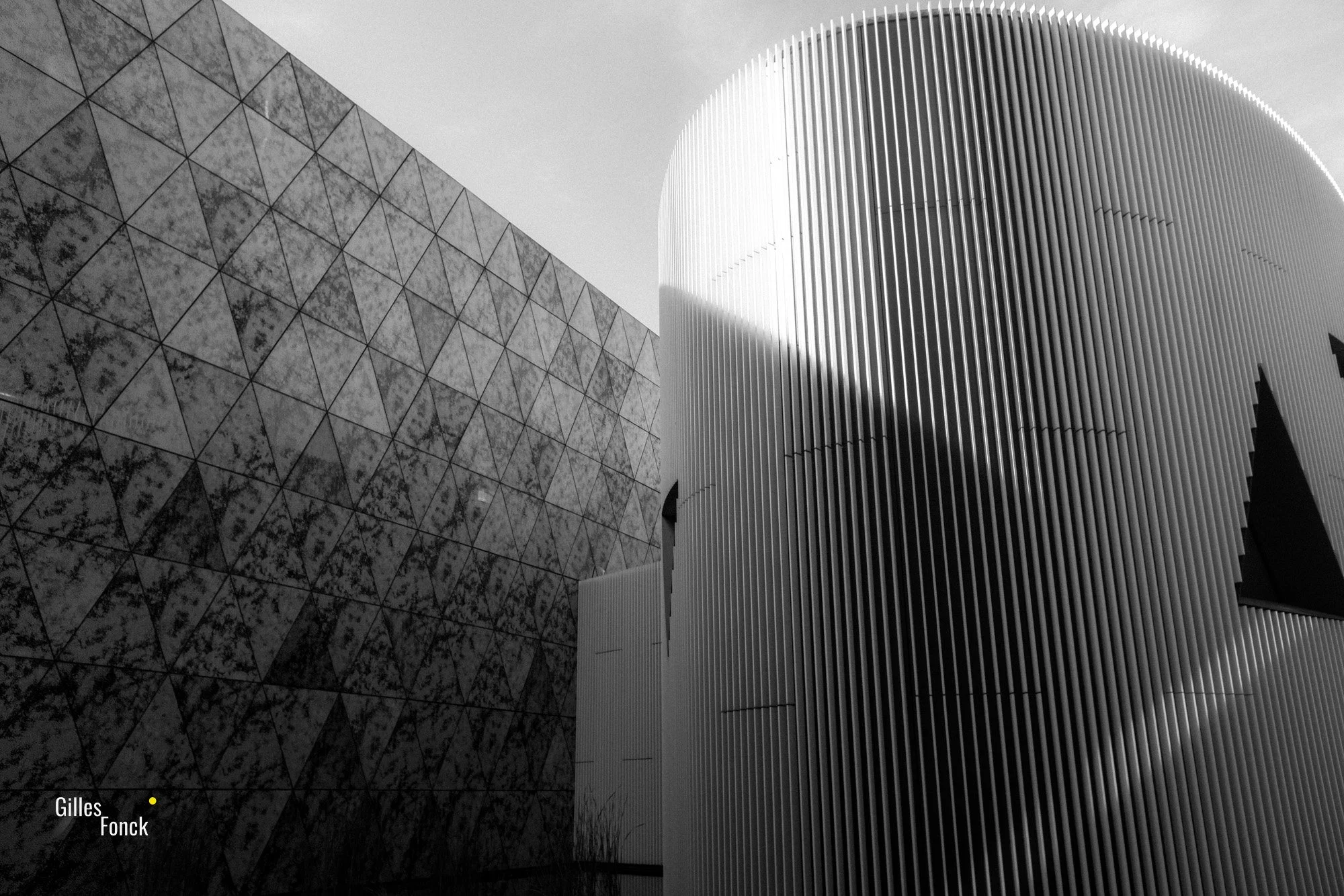 A monochrome picture of the Esch-Belval learning centre in Luxembourg. The light creates harsh contrasts between the triangular glass panes with black spots painted on them irregularly and a new part of the building consisting of vertical lines