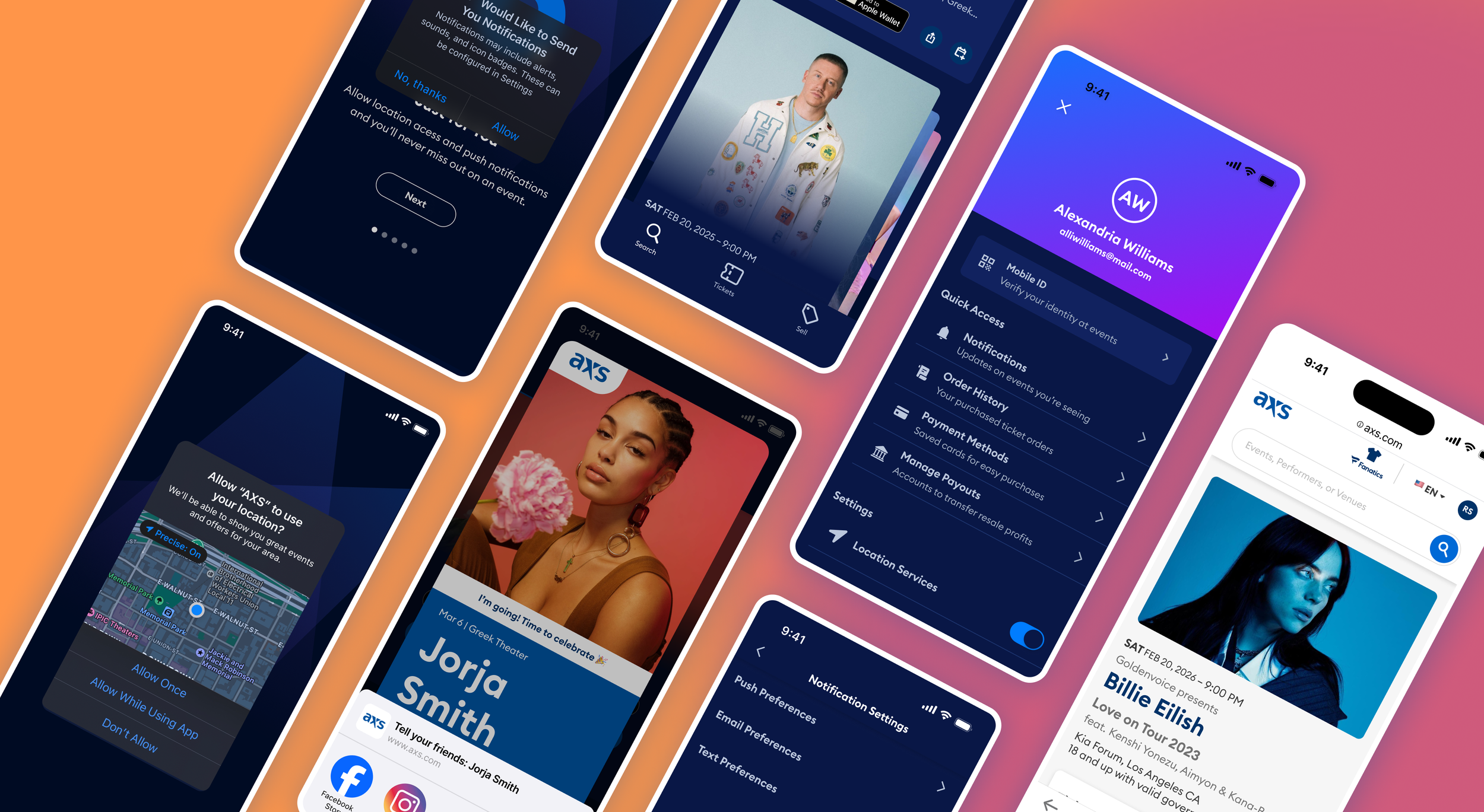 A collage of multiple smartphone screens displaying various apps including social media, event tickets, travel, and personal profile pages, set against a colorful gradient background.