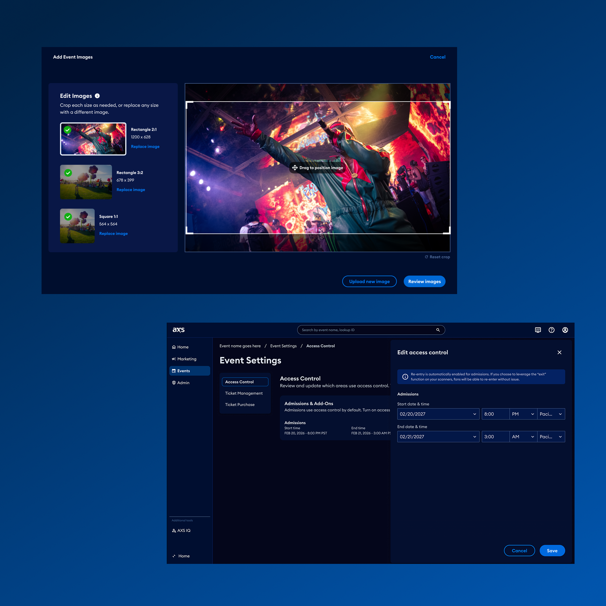 Screenshot of event management software interface showing options to add and edit event images, including a photo of a performer on stage with a colorful background, and various settings for event access and timing.