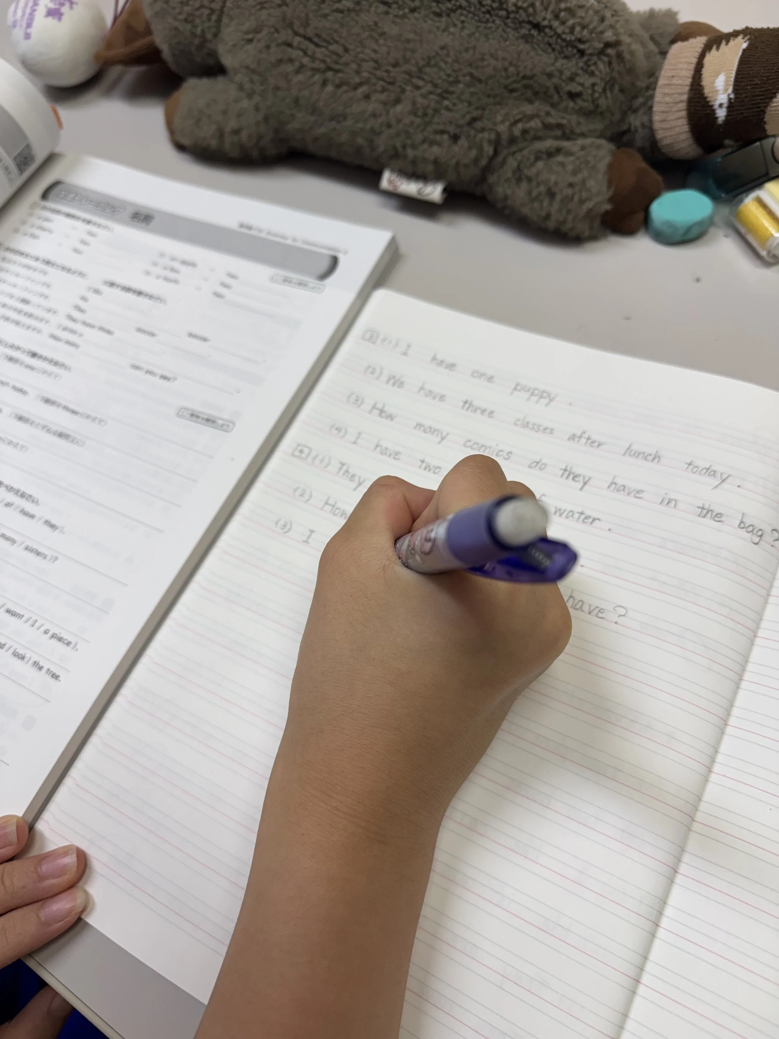 ぬいぐるみの横で、子どもが紫色のペンで英語の練習帳に書き込んでいる様子