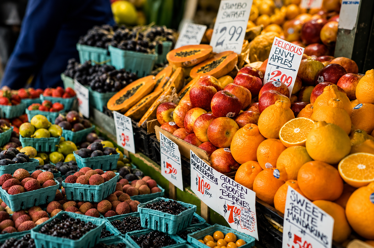 Fresh fruits displayed at a market stand, including apples, oranges, berries, and papayas with handwritten signs showing prices.