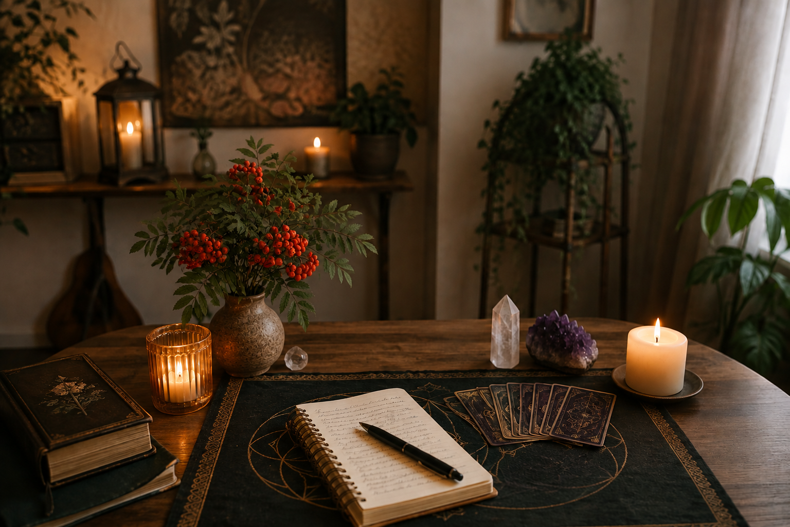 A wooden table with candles, crystals, a notebook, tarot cards, a book, and a vase with red berries and greenery. Background includes candles, potted plants, and wall art.