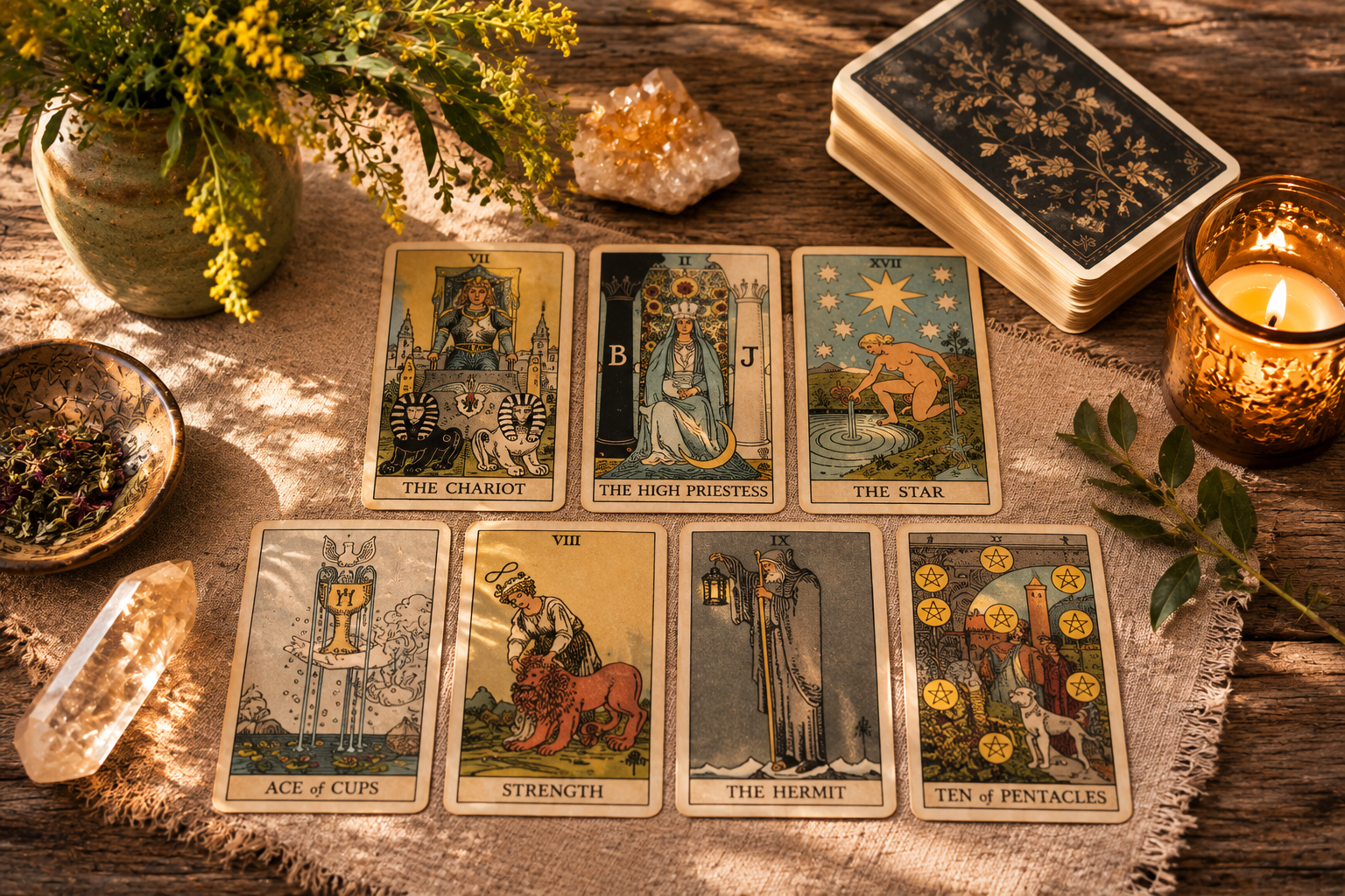 Tarot card spread on a cloth-covered table featuring cards such as The Chariot, The High Priestess, The Star, Ace of Cups, Strength, The Hermit, and Ten of Pentacles, surrounded by a potted plant, a candle in a glass holder, a crystal, and a small bowl of herbs.