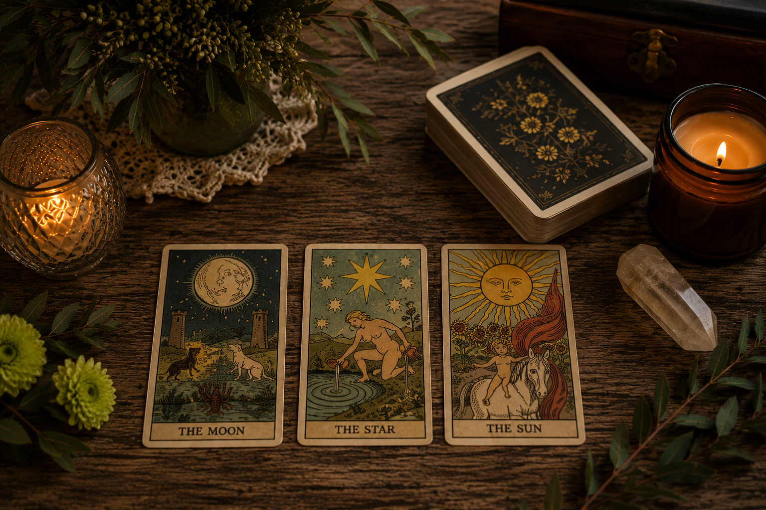 A deck of tarot cards on a wooden table along with candles, a crystal, flowers, and greenery.