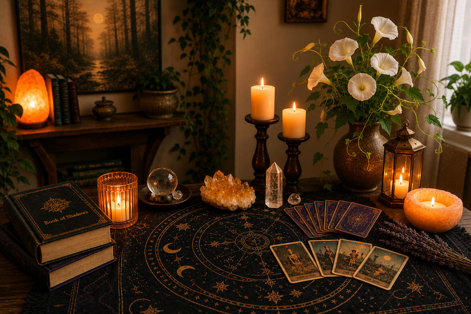 A table with tarot cards, candles, crystals, and mystical decor, set in a cozy room with plants and framed art.