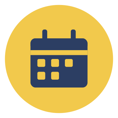 Icon of a calendar in navy blue on a yellow circular background.