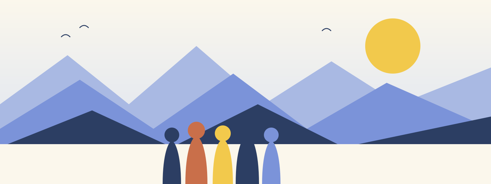Minimalist illustration of four stylized people standing in front of mountains with the sun and birds in the sky.