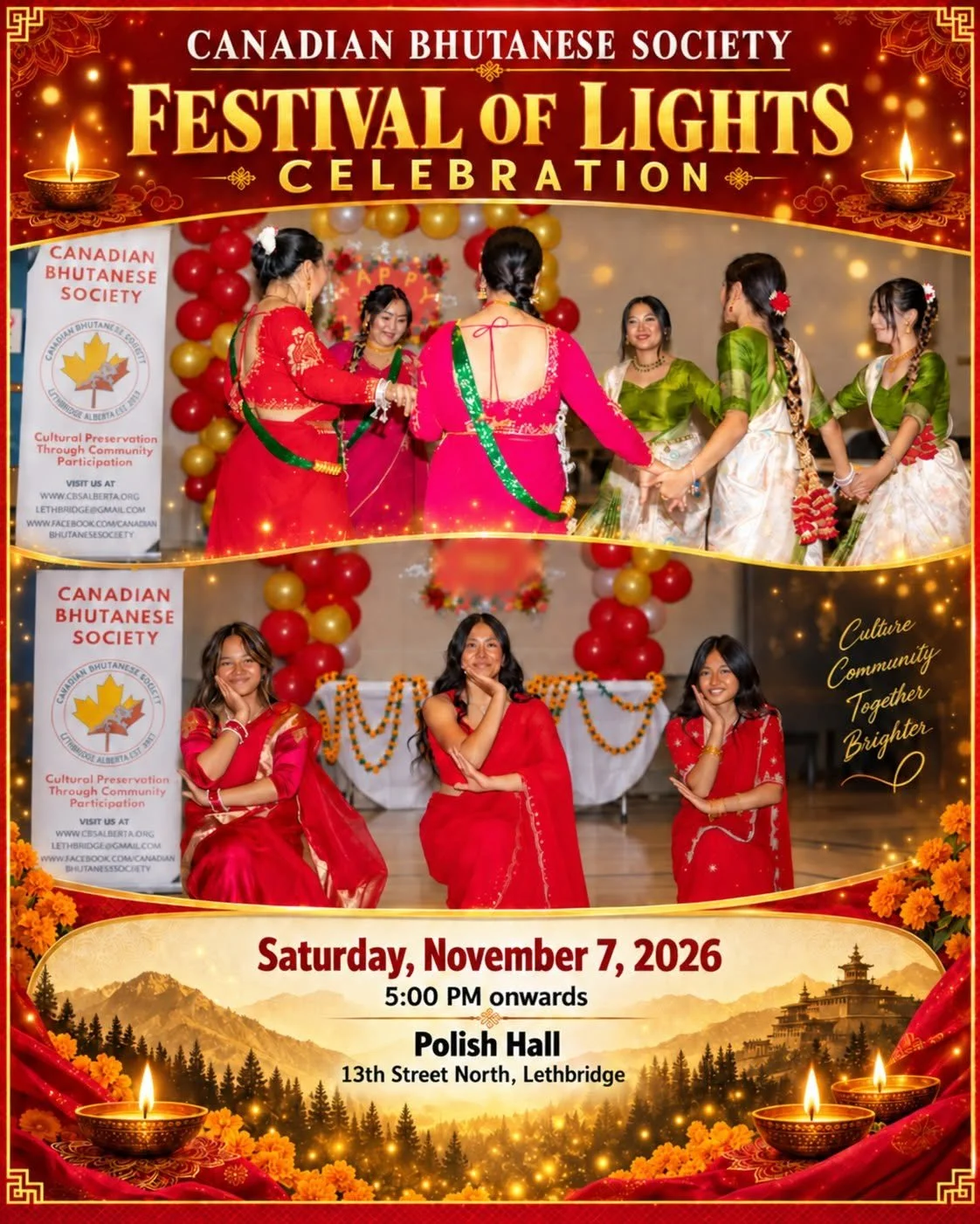 A flyer for the Festival of Lights celebration organized by the Canadian Bhutanese Society. The flyer features images of women dancing and celebrating in colorful traditional attire, with decorative balloons, flowers, and a mountain landscape in the background. Event details include Saturday, November 7, 2026, at 5:00 PM at the Polish Hall, 13th Street North, Lethbridge.