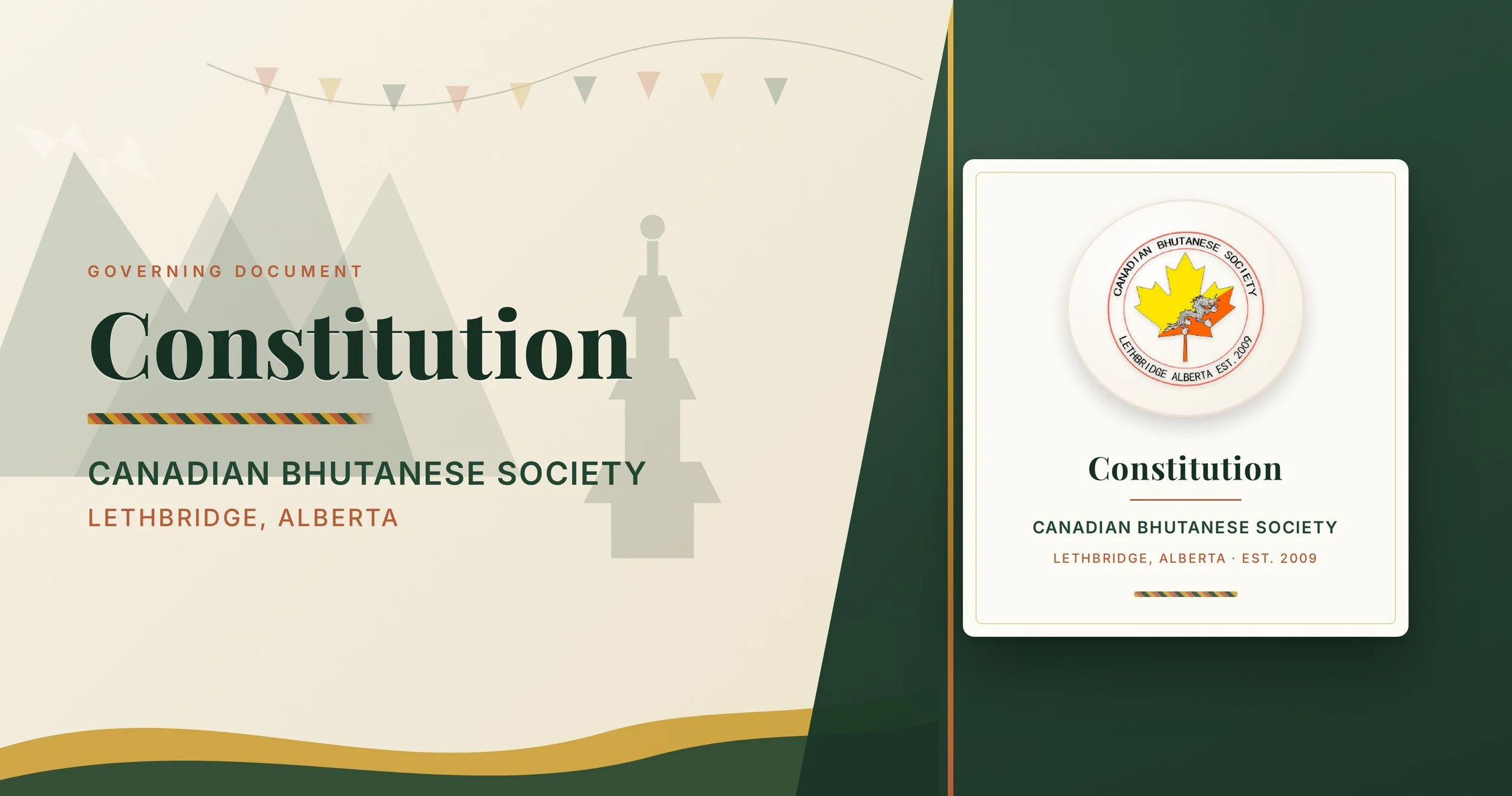 Cover of a governing document titled 'Constitution' for the Canadian Bhutanese Society in Lethbridge, Alberta, with the society's logo featuring a maple leaf and a yak.