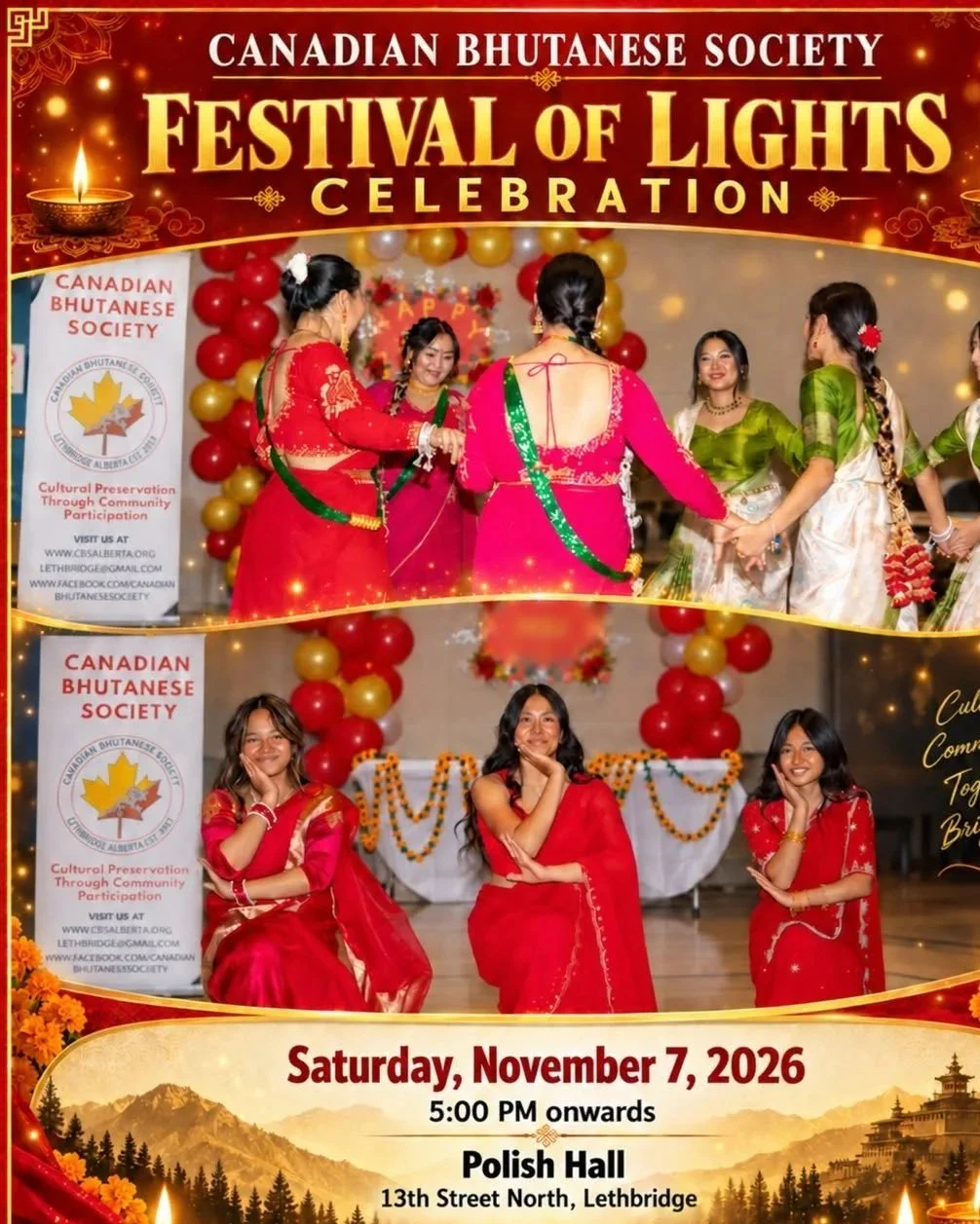 A promotional poster for the Canadian Bhutanese Society Festival of Lights Celebration featuring photos of women in traditional dress, balloons, and event details, including date, time, and location.