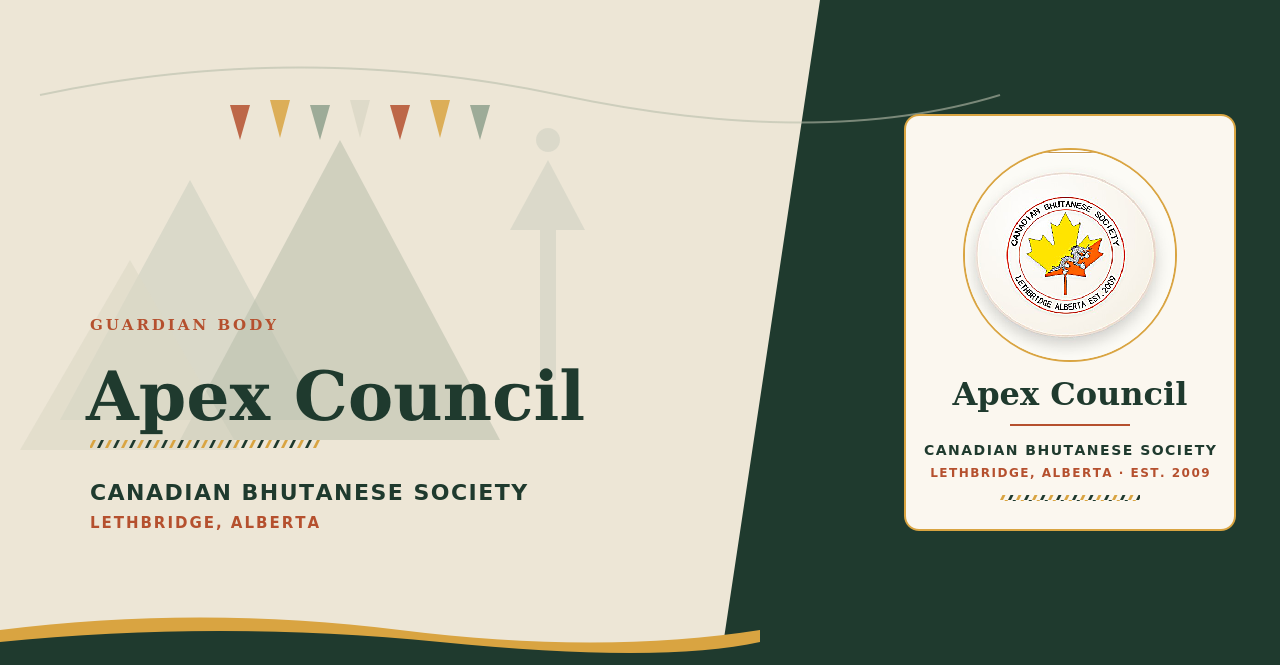 Graphic design for the Canadian Bhutanese Society, Lethbridge, Alberta, featuring the Apex Council with a circular emblem containing a yellow leaf and a fox in the center, and stylized mountain and bunting graphics in muted colors.