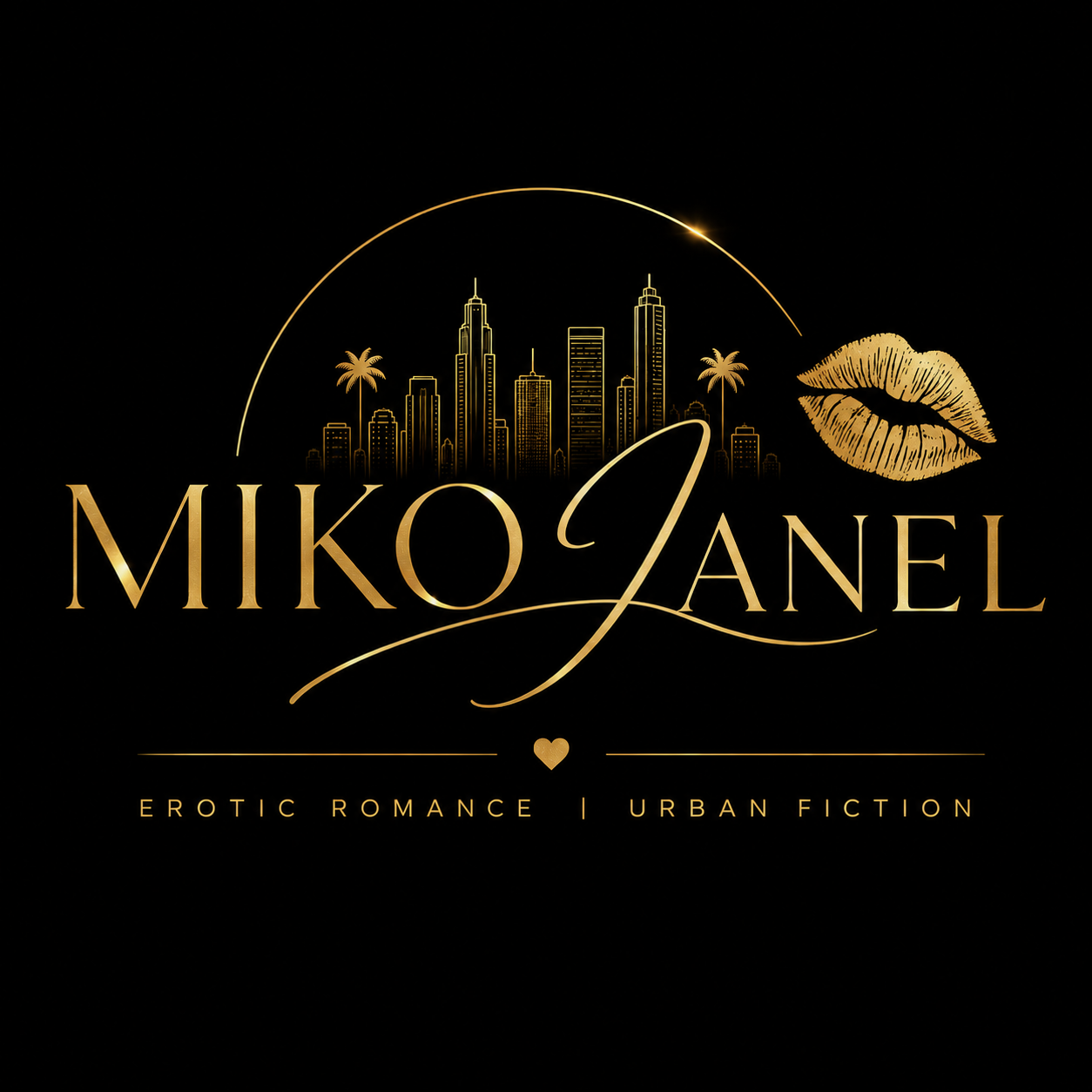 Black background featuring gold-colored city skyline, palm trees, and a pair of lips, with the text 'Miko Janel' and 'Erotic Romance | Urban Fiction'.