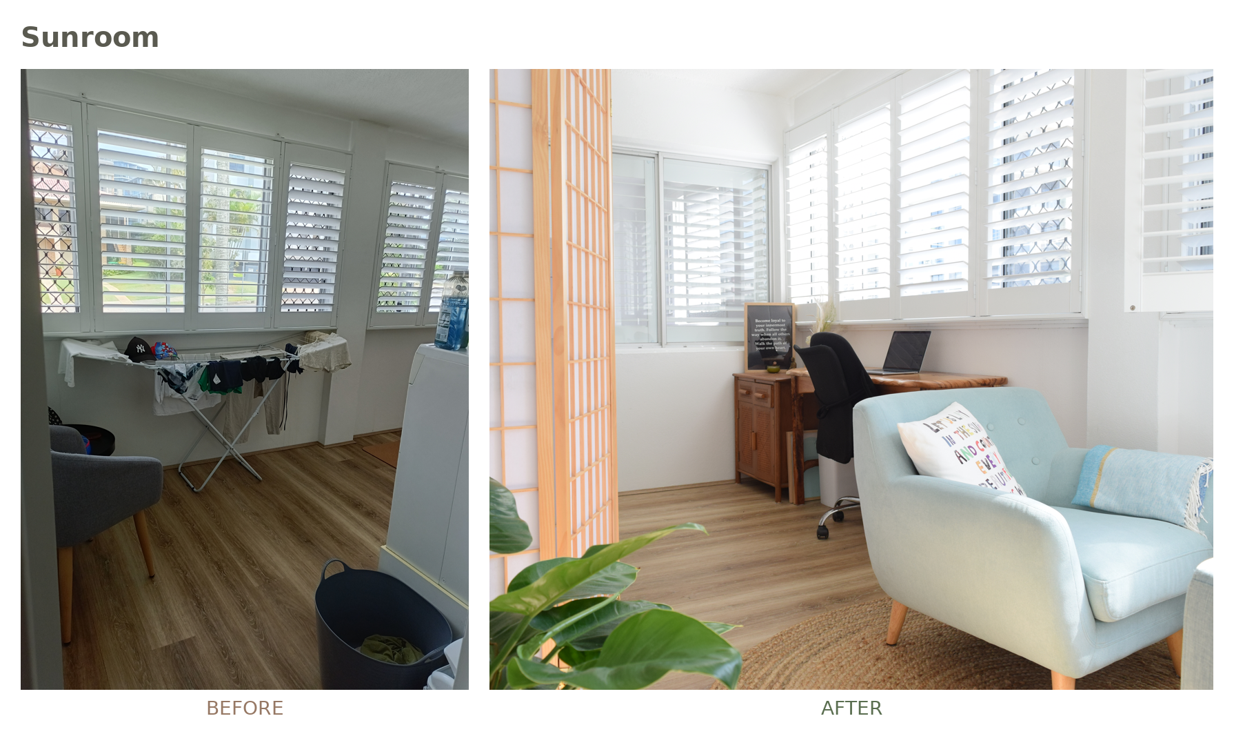 Before and after sunroom styling by The Quiet Space Inside: a cluttered laundry space transformed into a bright, organised seating and workspace