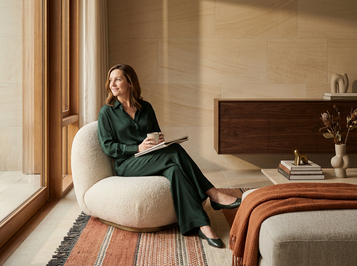 A woman wearing a dark green outfit is sitting on a cozy white chair next to a large window, holding a coffee mug and a notebook, in a modern, warmly decorated room with a wooden sideboard and decorative items.