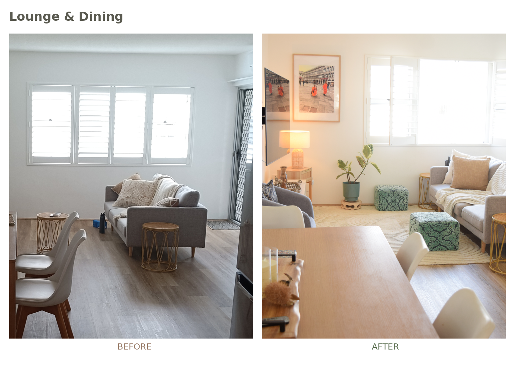 Before and after sensory interior styling by The Quiet Space Inside: a minimalist living room transformed into a cozy, calming space with artwork, plants, and layered textures