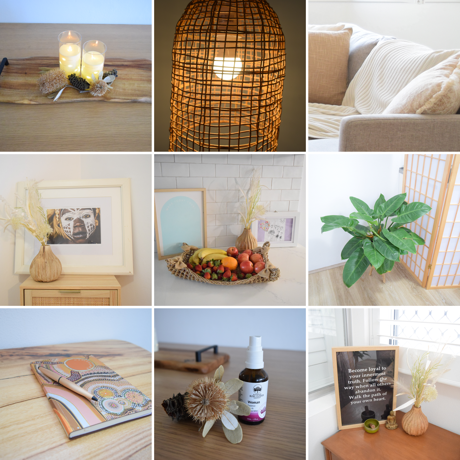 Collage of home decor photography by Amanda Morphett for The Quiet Space Inside, candles, woven lampshade, greenery, and cozy styling details