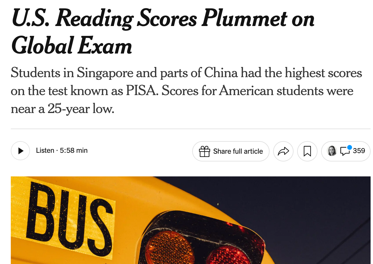 NYT: U.S. Reading Scores Plummet on Global Exam
