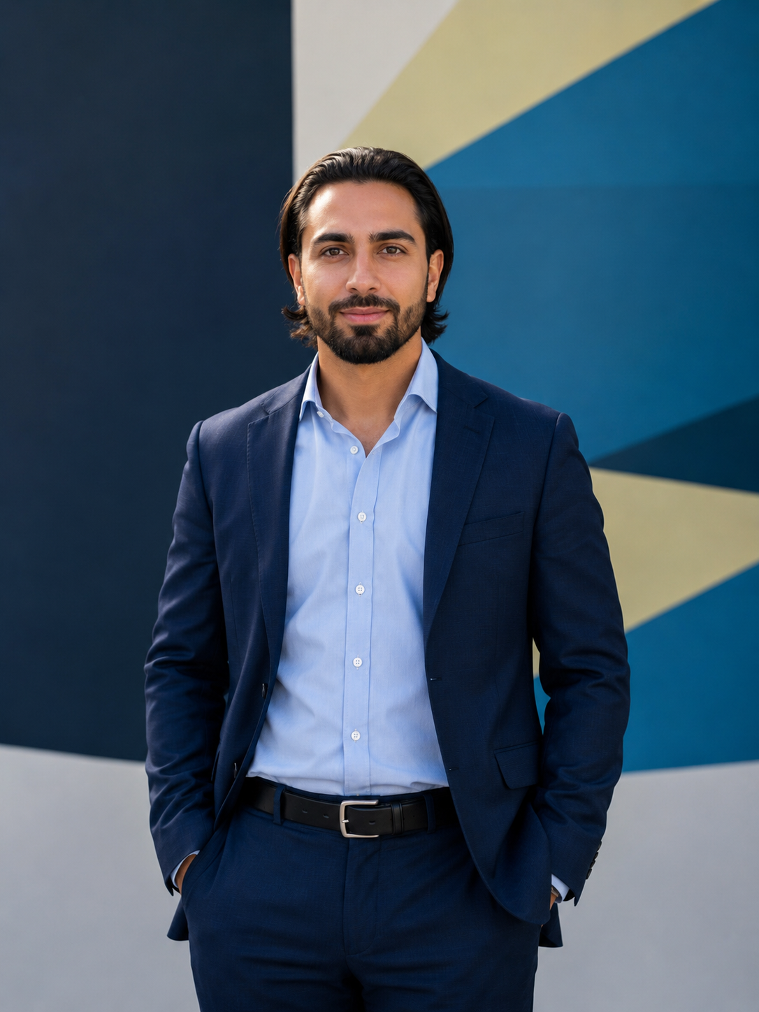 A man in a navy suit and light blue shirt standing in front of a geometric mural background.