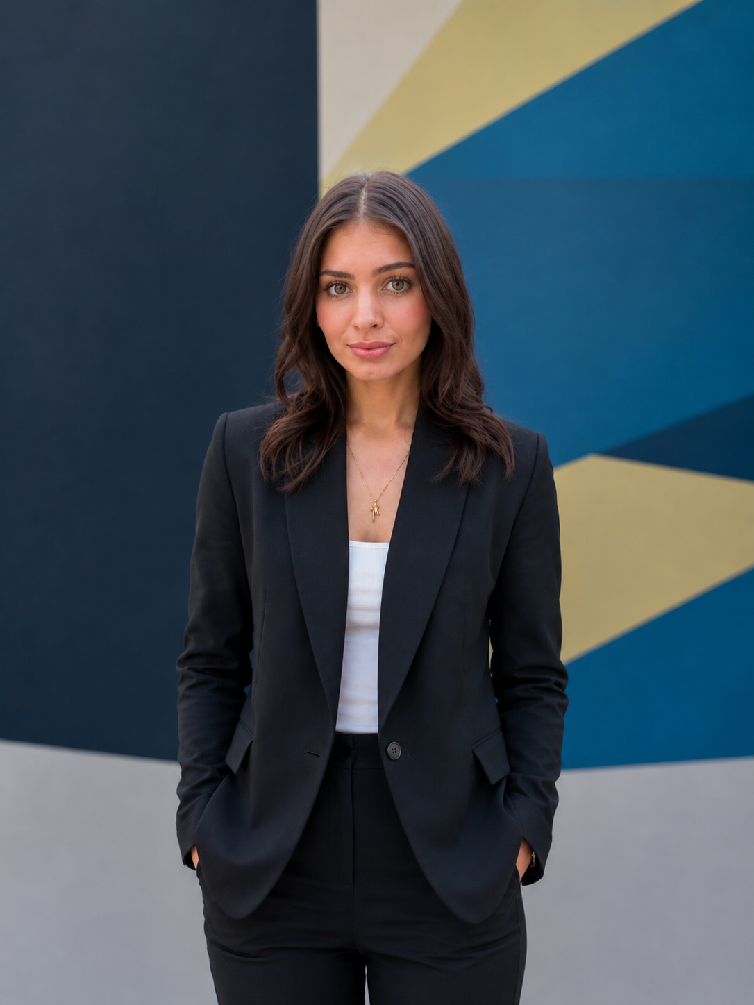 A young woman in a black blazer and pants with her hands in her pockets, standing in front of a colorful geometric mural.