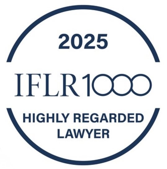 A circular badge with the text '2025,' 'IFLR 1000,' and 'Highly Regarded Lawyer' written inside, indicating a legal achievement or recognition for the year 2025.