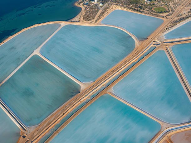 Aerial view of salt evaporation ponds separated by narrow barriers, with water varying in shades of blue and green.