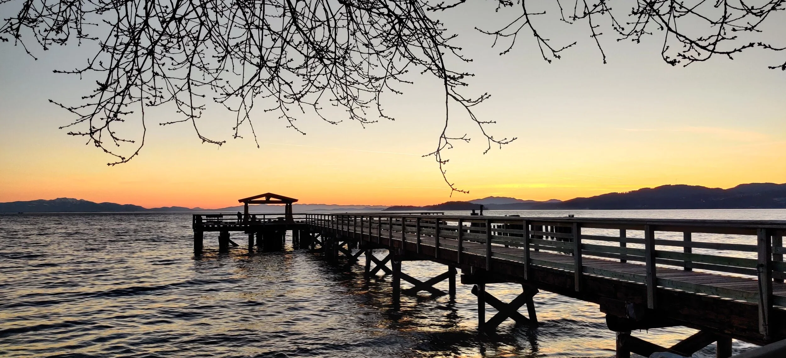 A wooden pier extends into the water at sunset, with the sky painted in shades of yellow, orange, and pink. Bare tree branches frame the top of the image, and distant mountains are visible across the water.