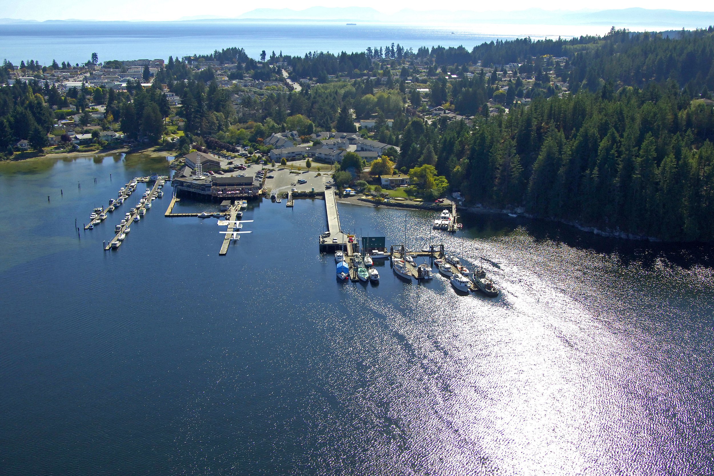 Aerial view of a marina with boats docked, surrounded by a coastal town with a forested hillside, and the ocean in the background on a sunny day.