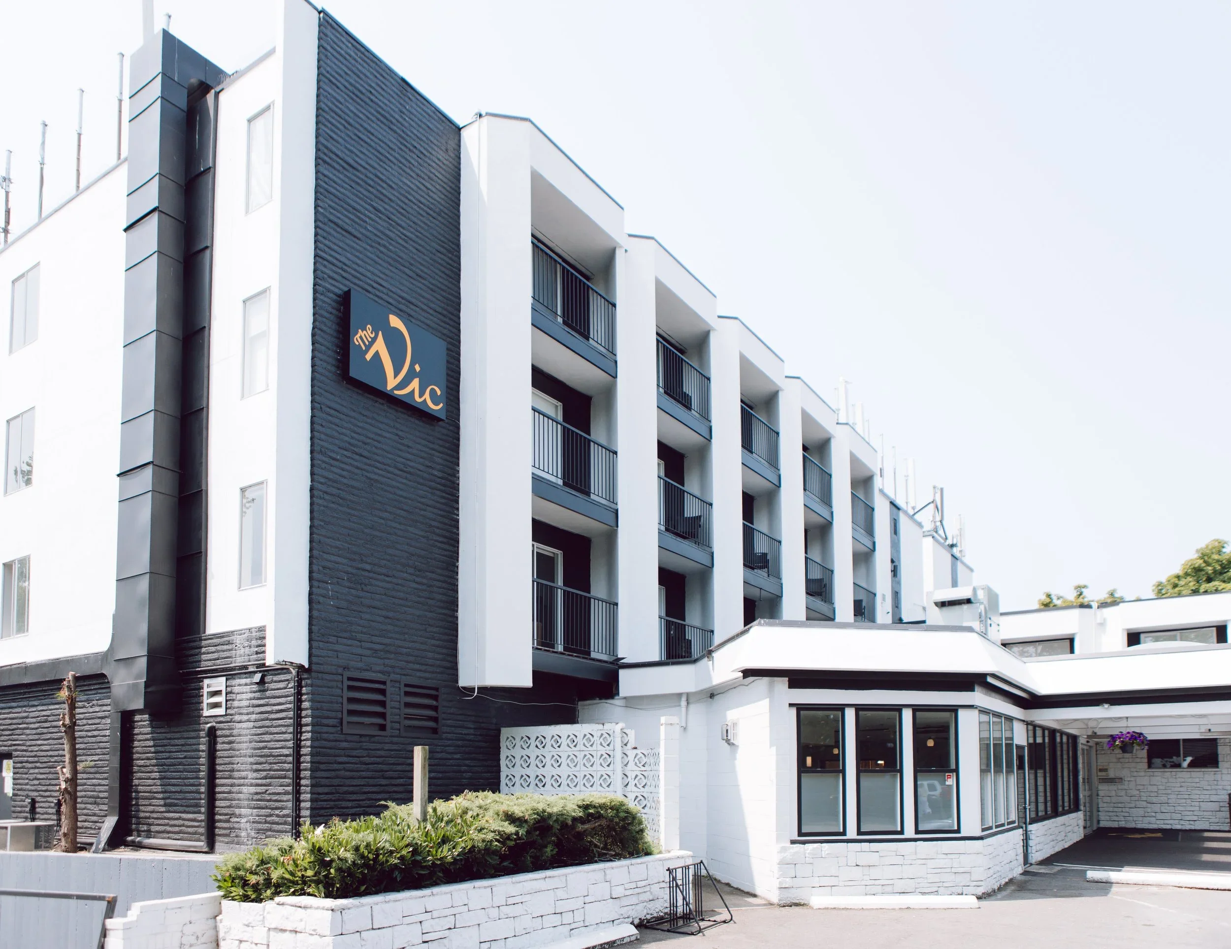 Front view of a modern white apartment building with black accents and balconies, a sign reading 'The Vic' on the black section of the building, and a small landscaped area with plants and a white brick wall in the foreground.