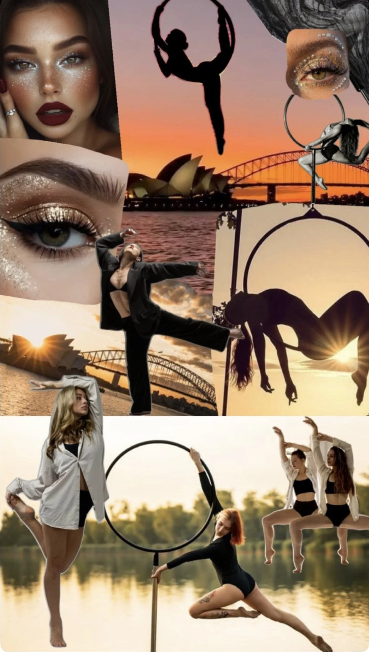 A collage of women performing acrobatic and dance poses outdoors, with sunset, water, and iconic buildings in the background.